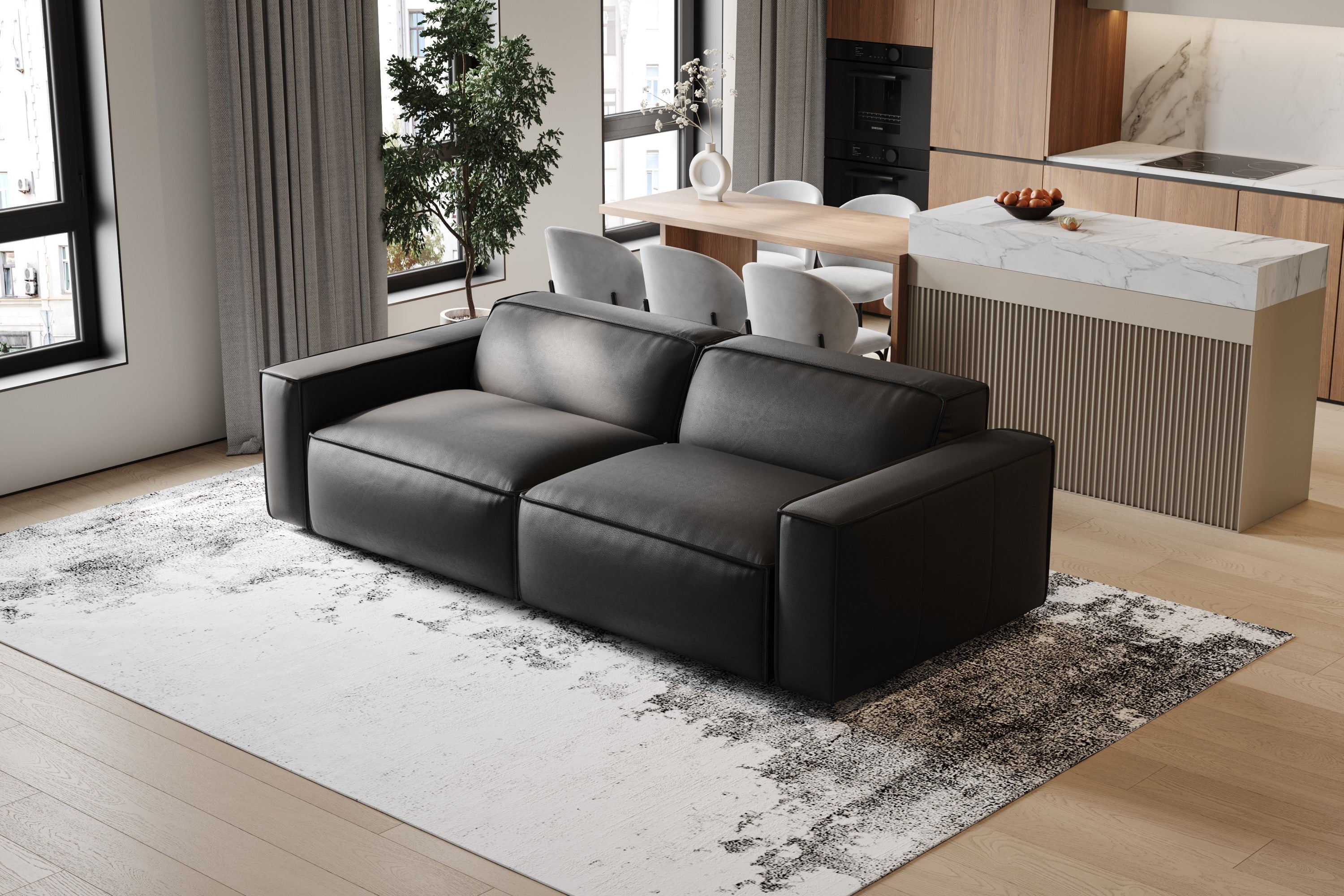 Valencia Nathan Full Aniline Leather Modular Sofa with Down Feather, Loveseat, Black Color