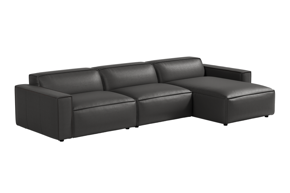 Valencia Nathan Aniline Leather Lounge Modular Sofa, Three Seats with Right Chaise, Black Color