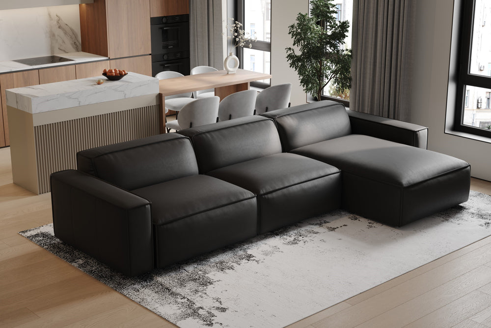 Valencia Nathan Full Aniline Leather Modular Sofa with Down Feather, Right Chaise, Black Color