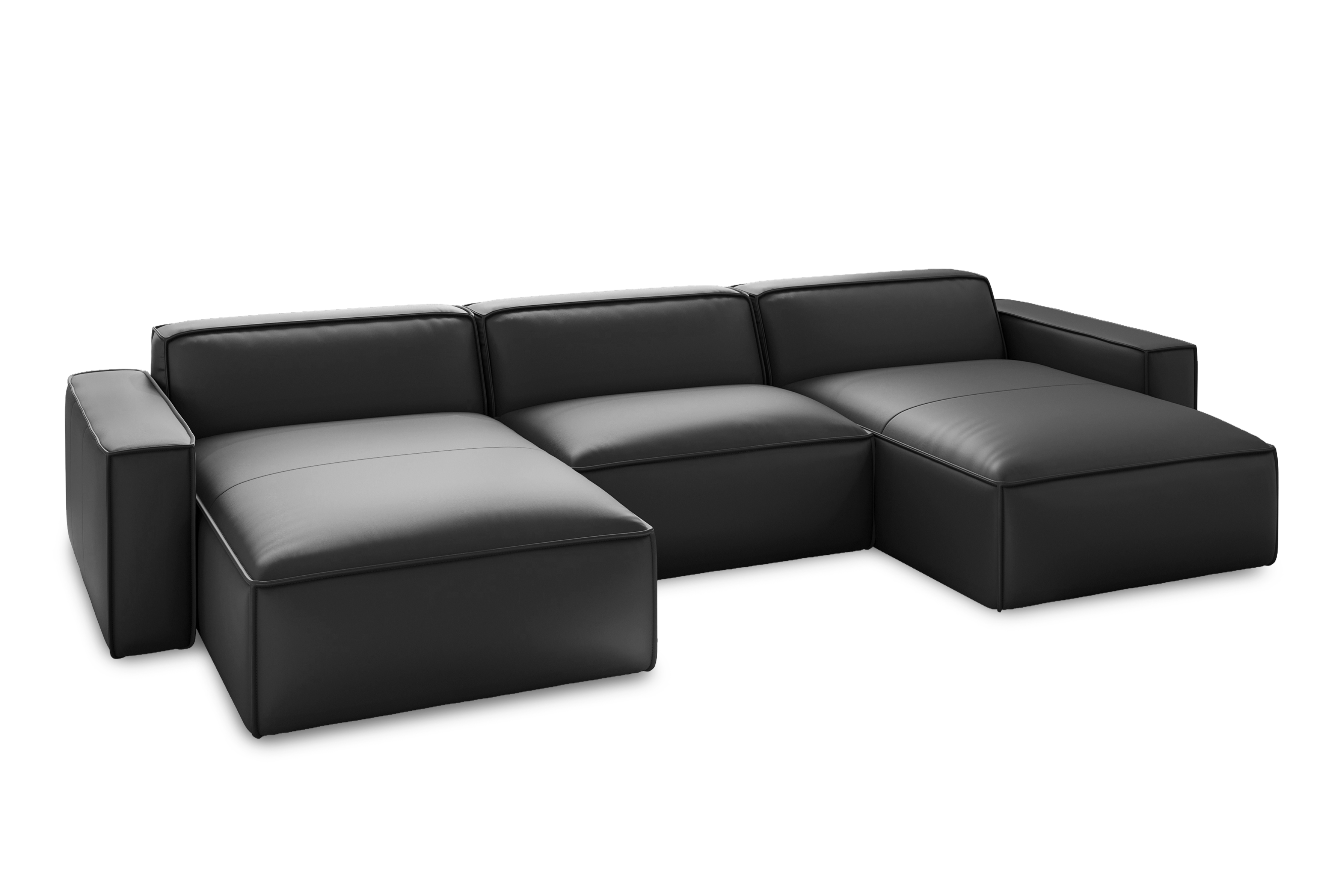 Valencia Nathan Full Aniline Leather Modular Sofa with Down Feather, Row of 3 Double Chaise, Black Color