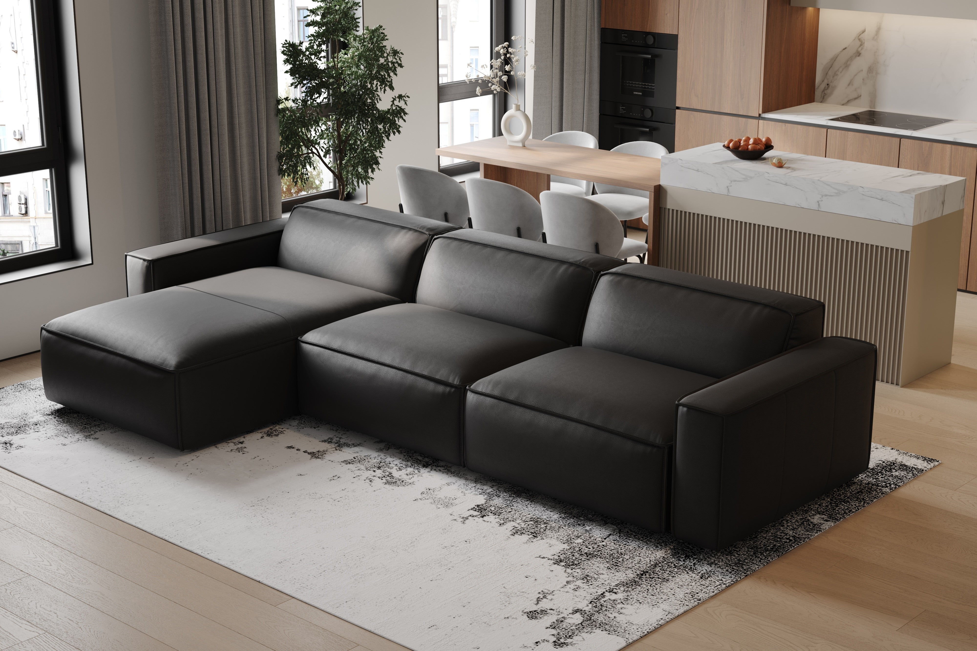 Valencia Nathan Full Aniline Leather Modular Sofa with Down Feather, Left Chaise, Black Color