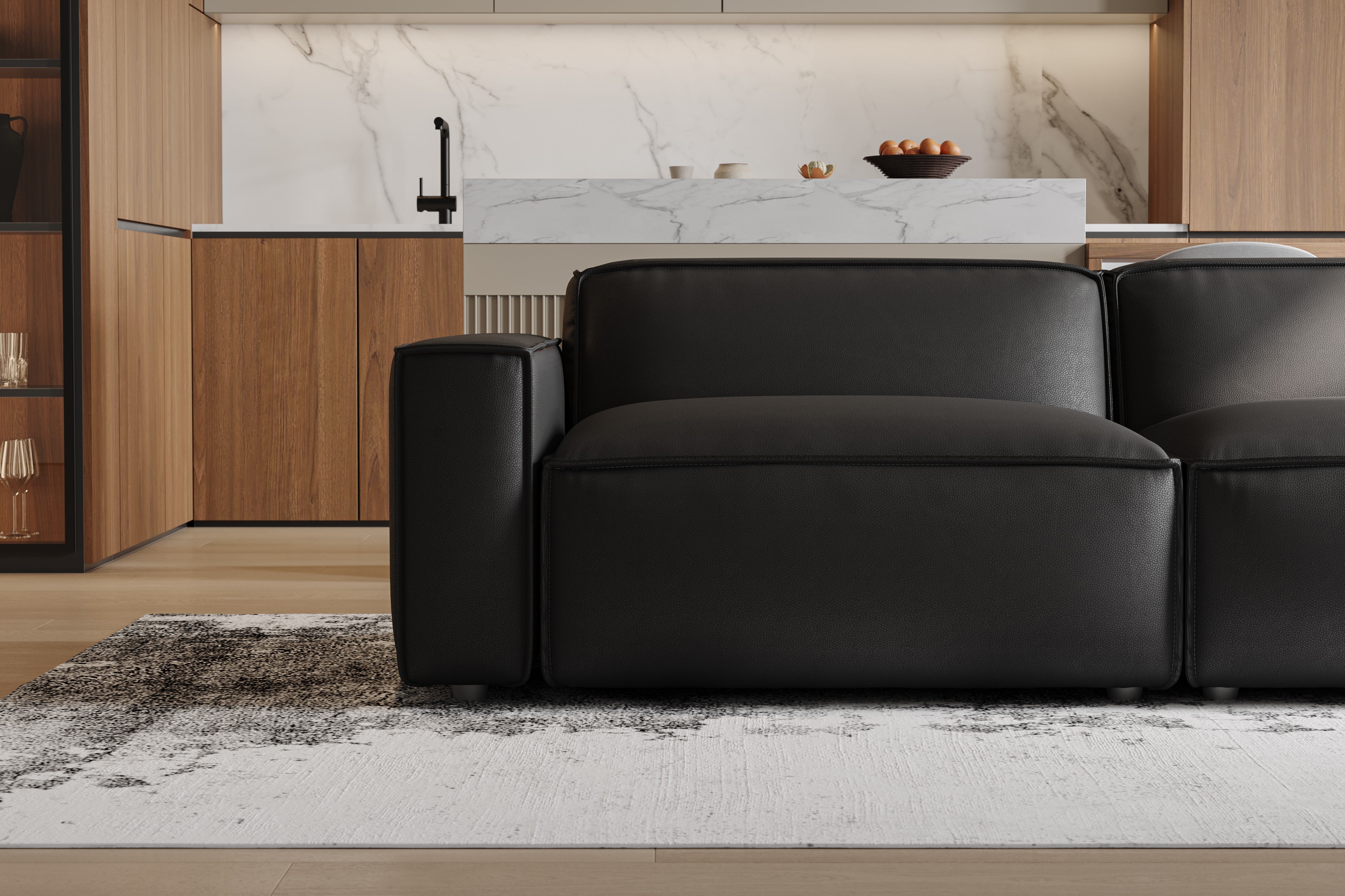 Valencia Nathan Full Aniline Leather Modular Sofa with Down Feather, Right Chaise, Black Color