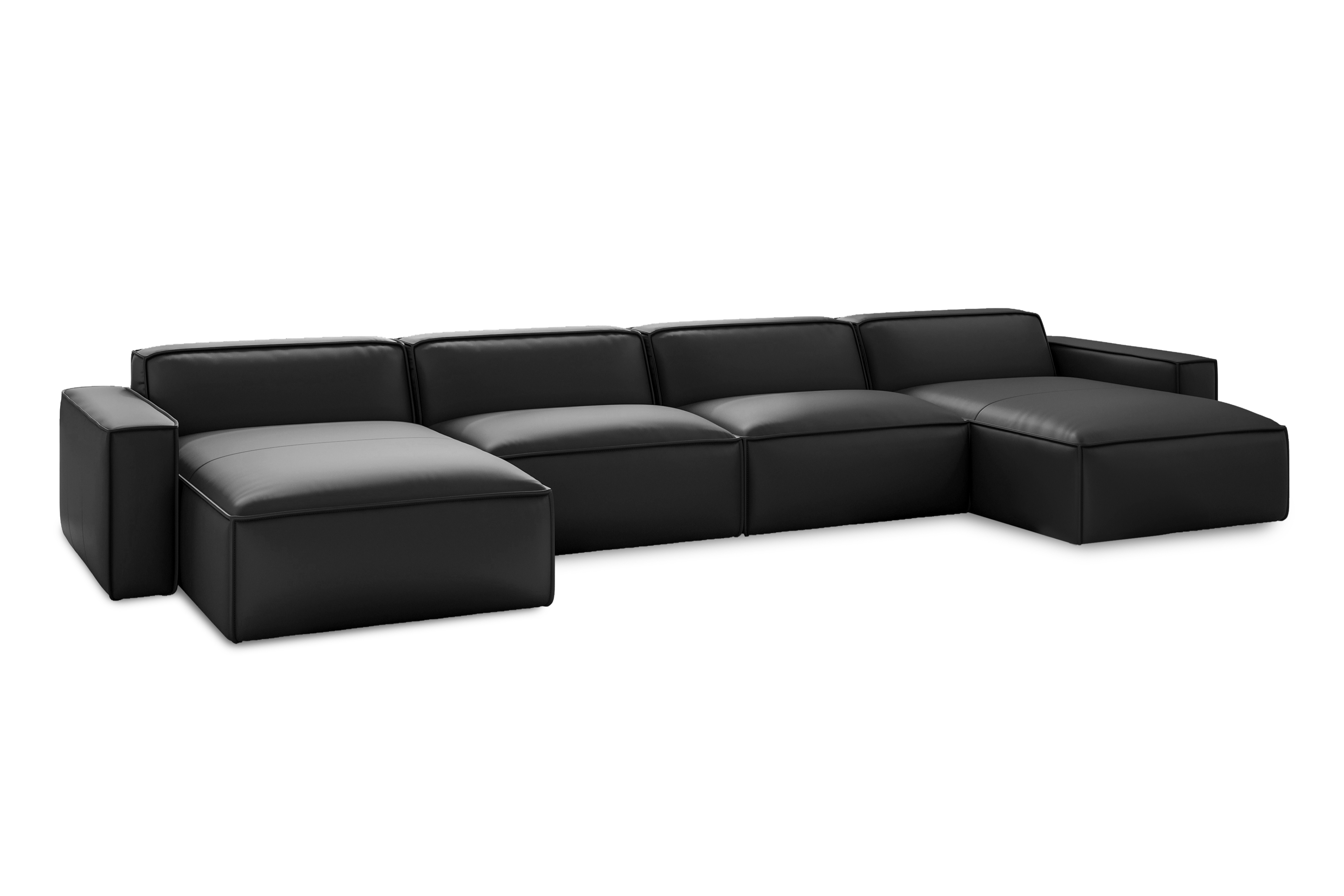 Valencia Nathan Full Aniline Leather Modular Sofa with Down Feather, Row of 4 Double Chaise, Black Color