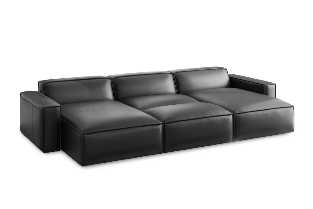 Valencia Nathan Full Aniline Leather Modular Sofa with Down Feather, Bed Shape, Black Color
