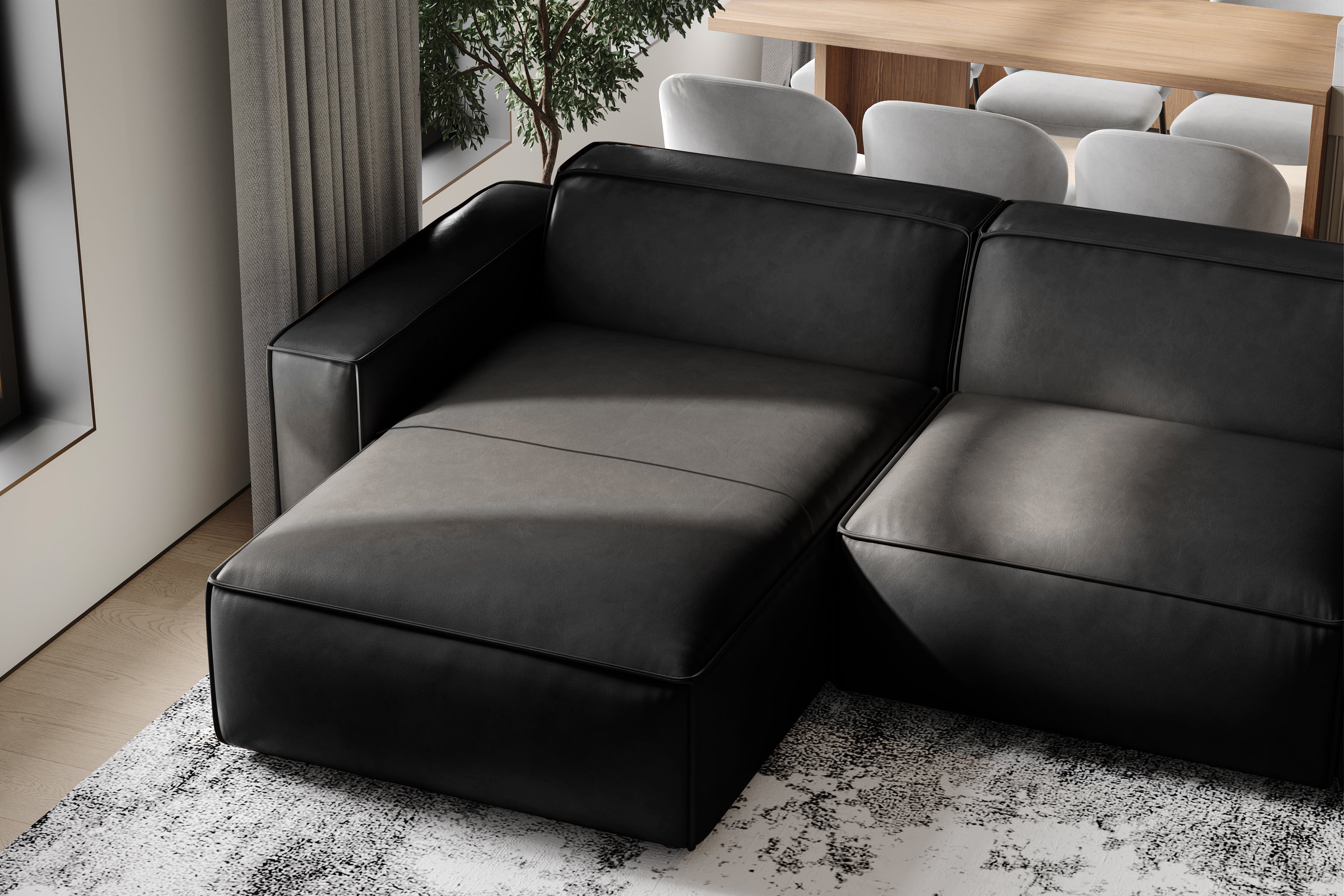 Valencia Nathan Full Aniline Leather Modular Sofa with Down Feather, Row of 3 Double Chaise, Black Color