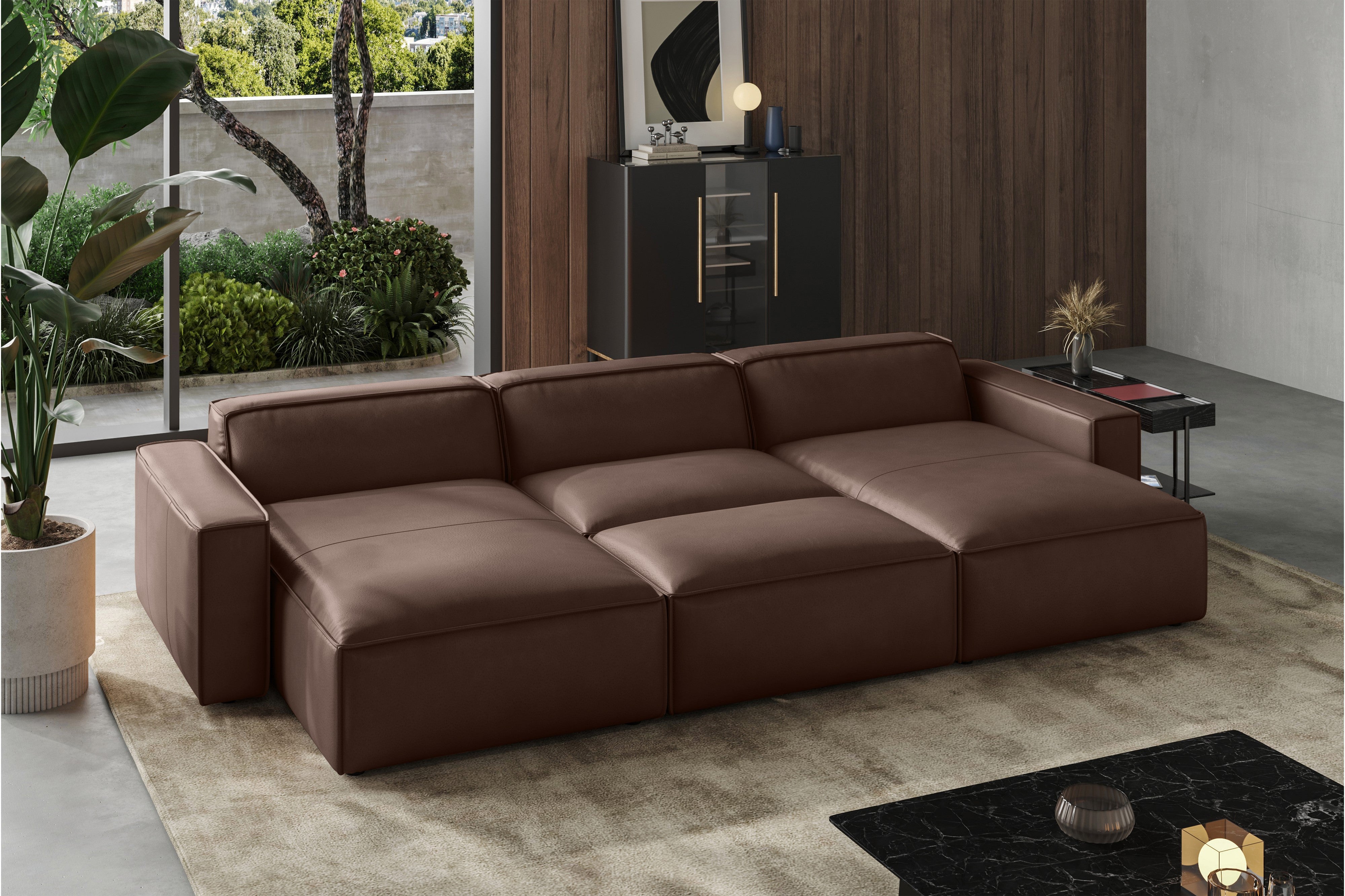 Valencia Nathan Full Aniline Leather Modular Sofa with Down Feather, Bed Shape, Dark Chocolate