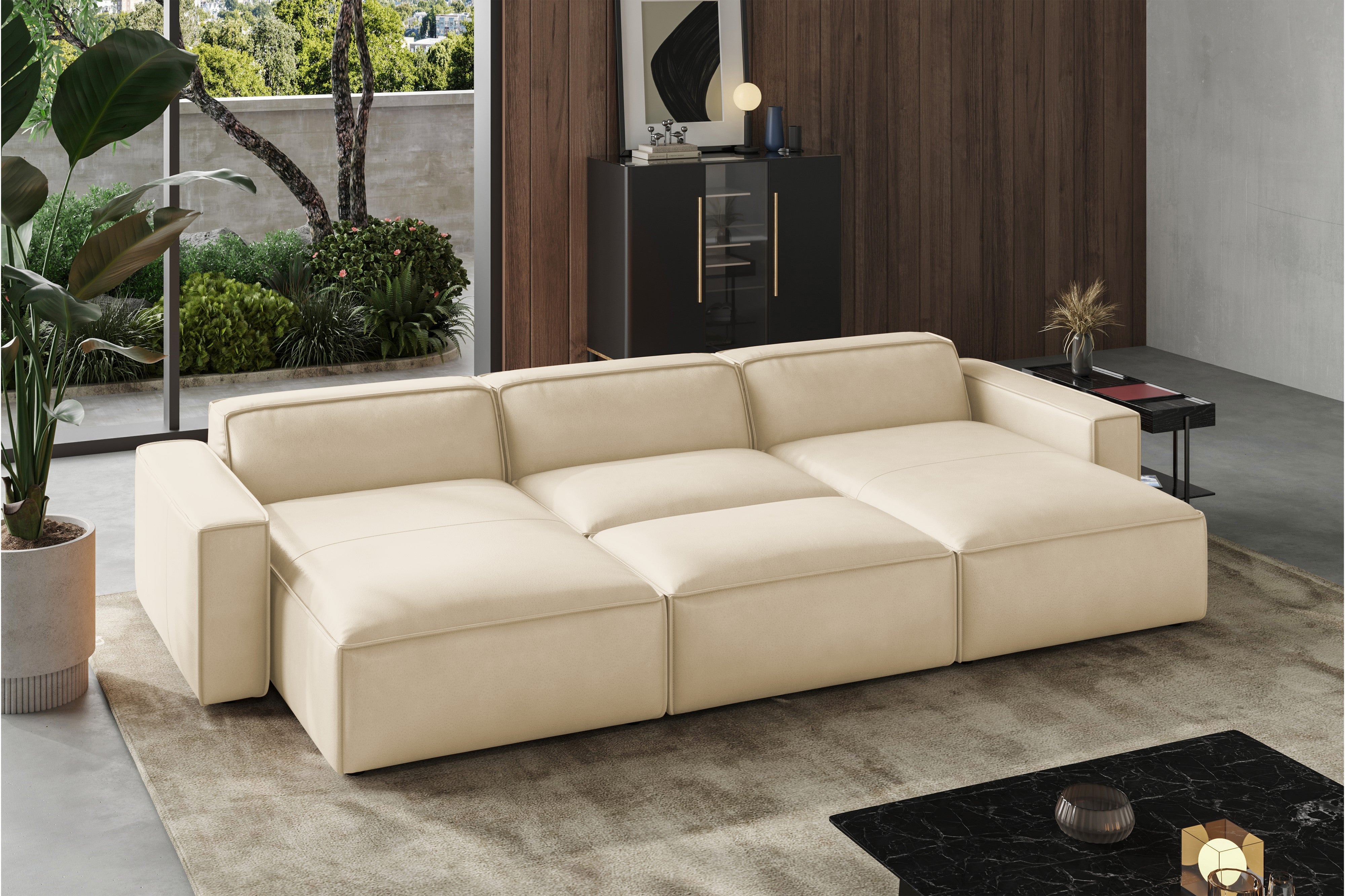 Valencia Nathan Full Aniline Leather Modular Sofa with Down Feather, Bed Shape, Antique White