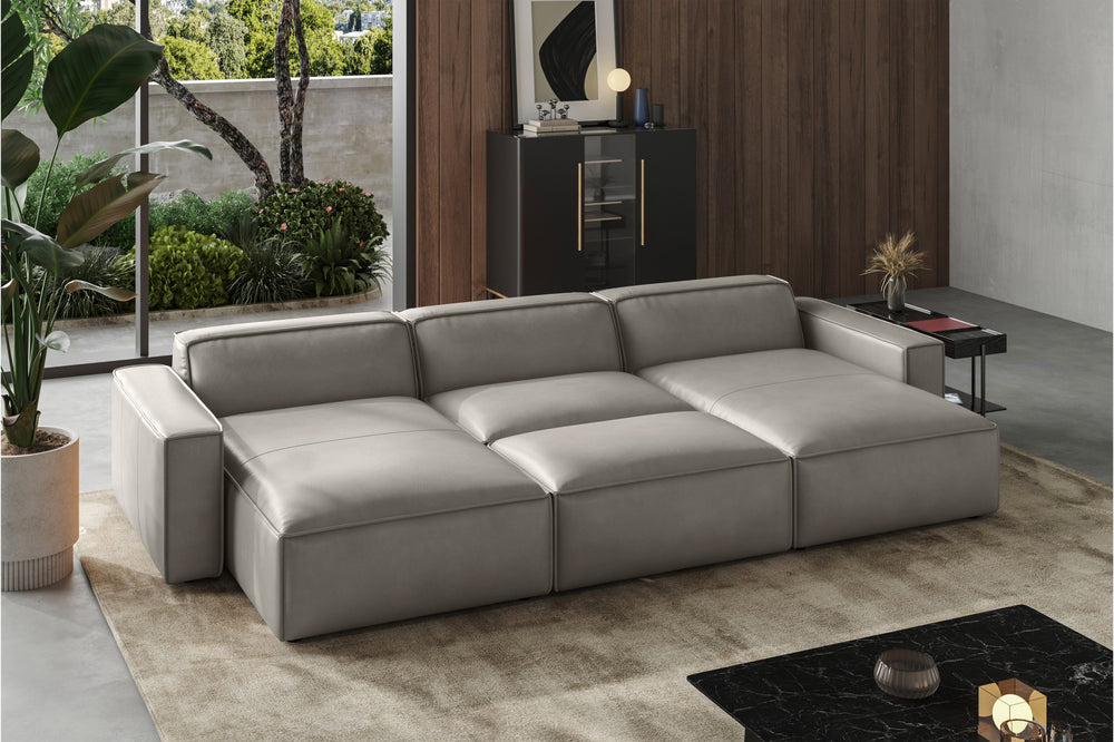 Valencia Nathan Full Aniline Leather Modular Sofa with Down Feather, Bed Shape, Light Grey