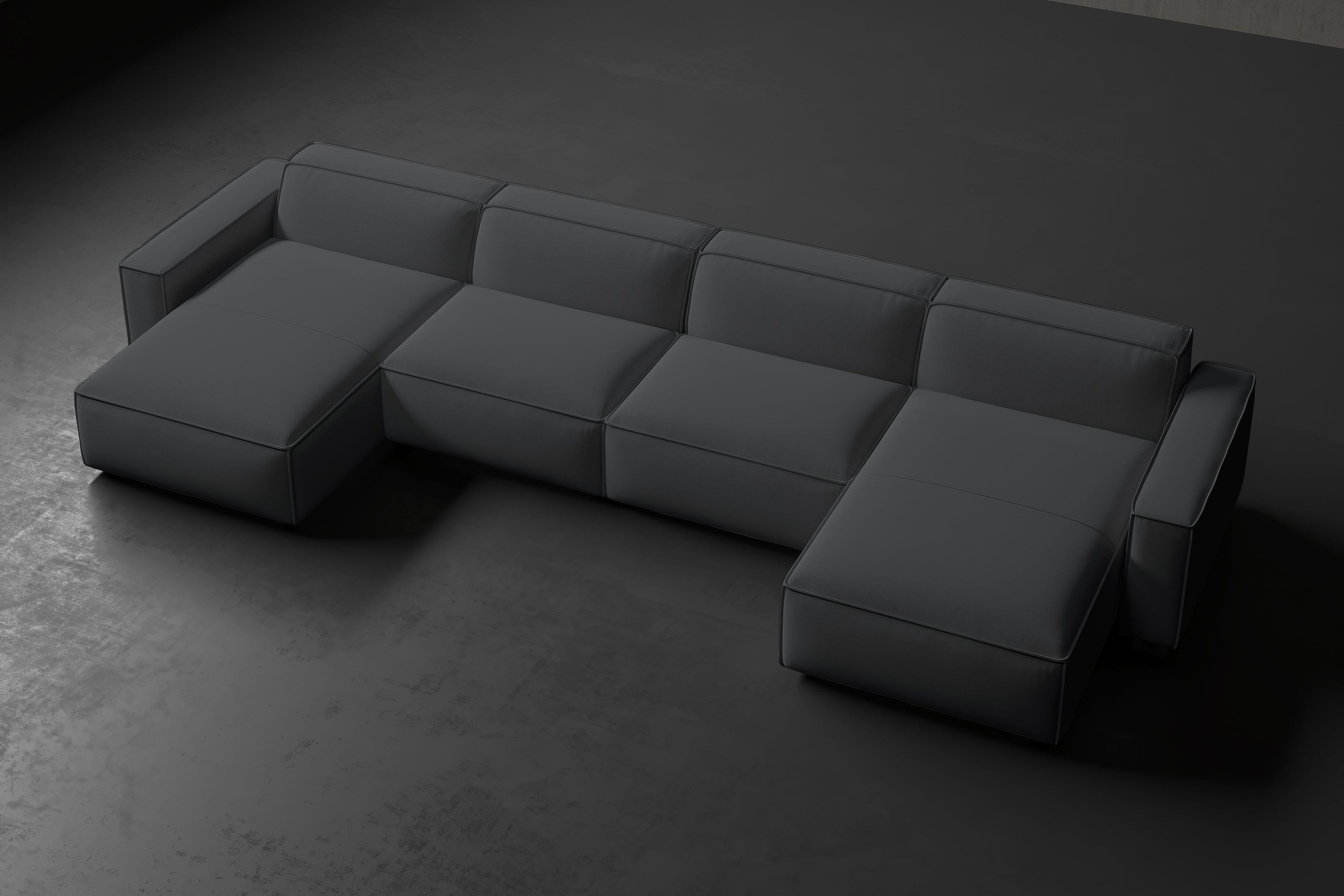 Valencia Nathan Performance Fabric Modular Sofa with Down Feather, Row of 4 with 2 Chaises, Black