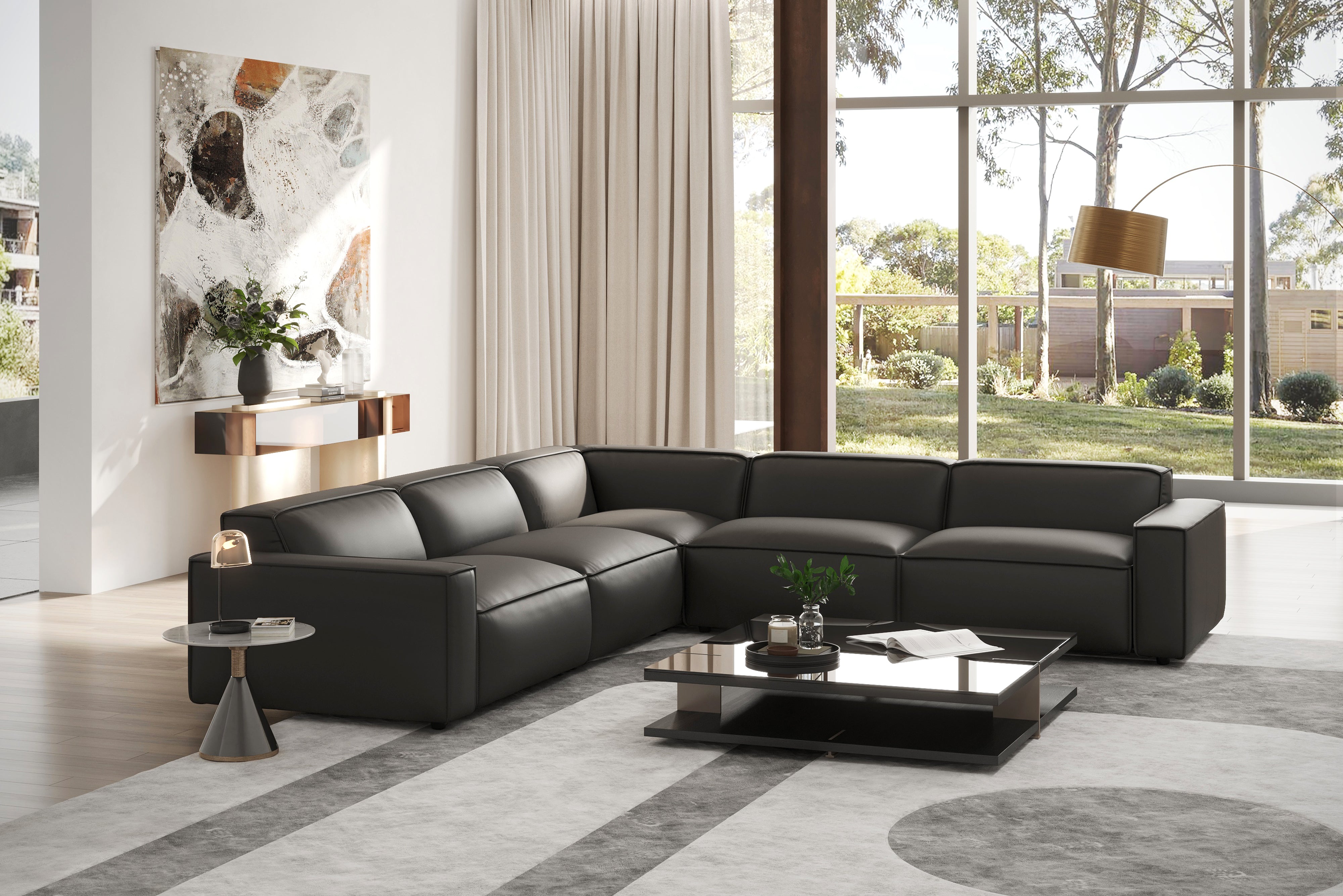 Valencia Nathan Full Aniline Leather Modular Sofa with Down Feather, L-Shape, Black