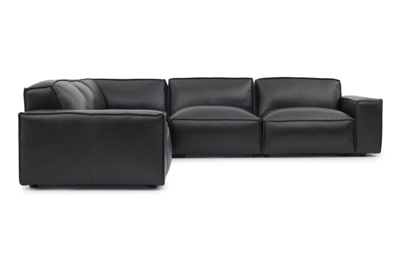 Left-Side Back View of A Modern, Black, Five Seats, Full Aniline Top Grain Leather Modular Sofa on a White Background.