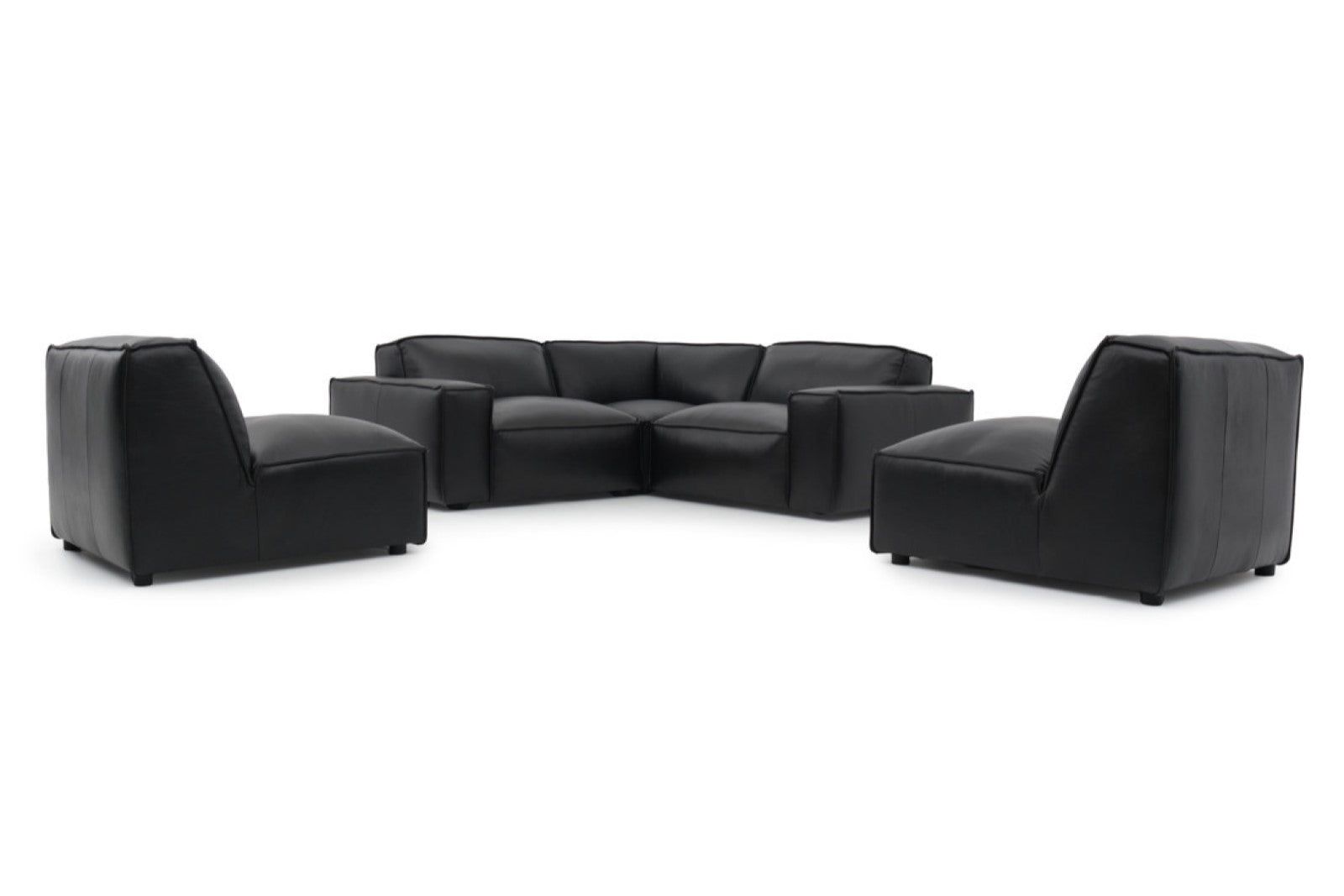 A Modern, Black, Three Seats, Full Aniline Top Grain Leather Modular Sofa with Two Single Adjust Sofa on a White Background.