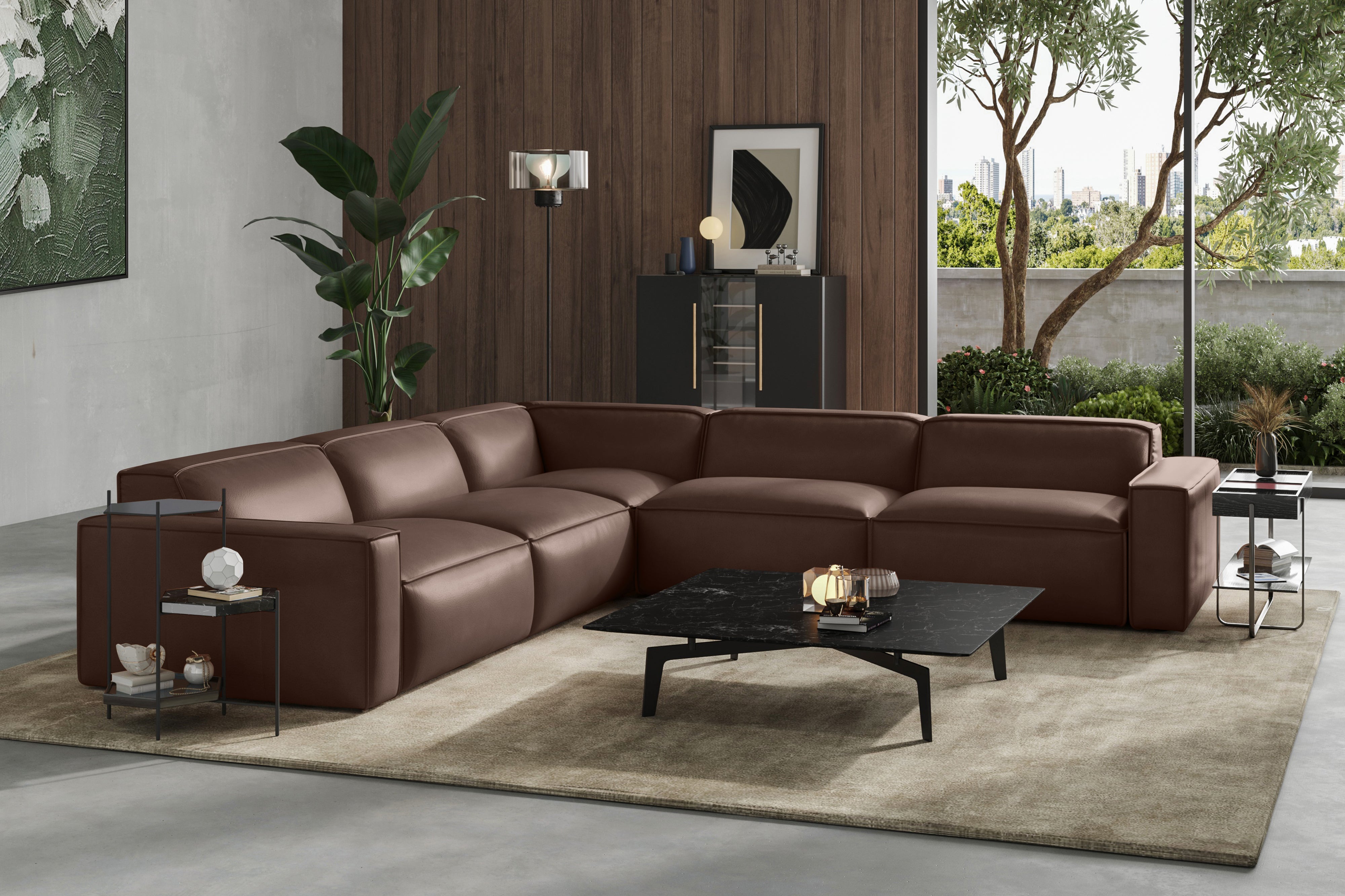 Valencia Nathan Full Aniline Leather Modular Sofa with Down Feather, L-Shape, Dark Chocolate