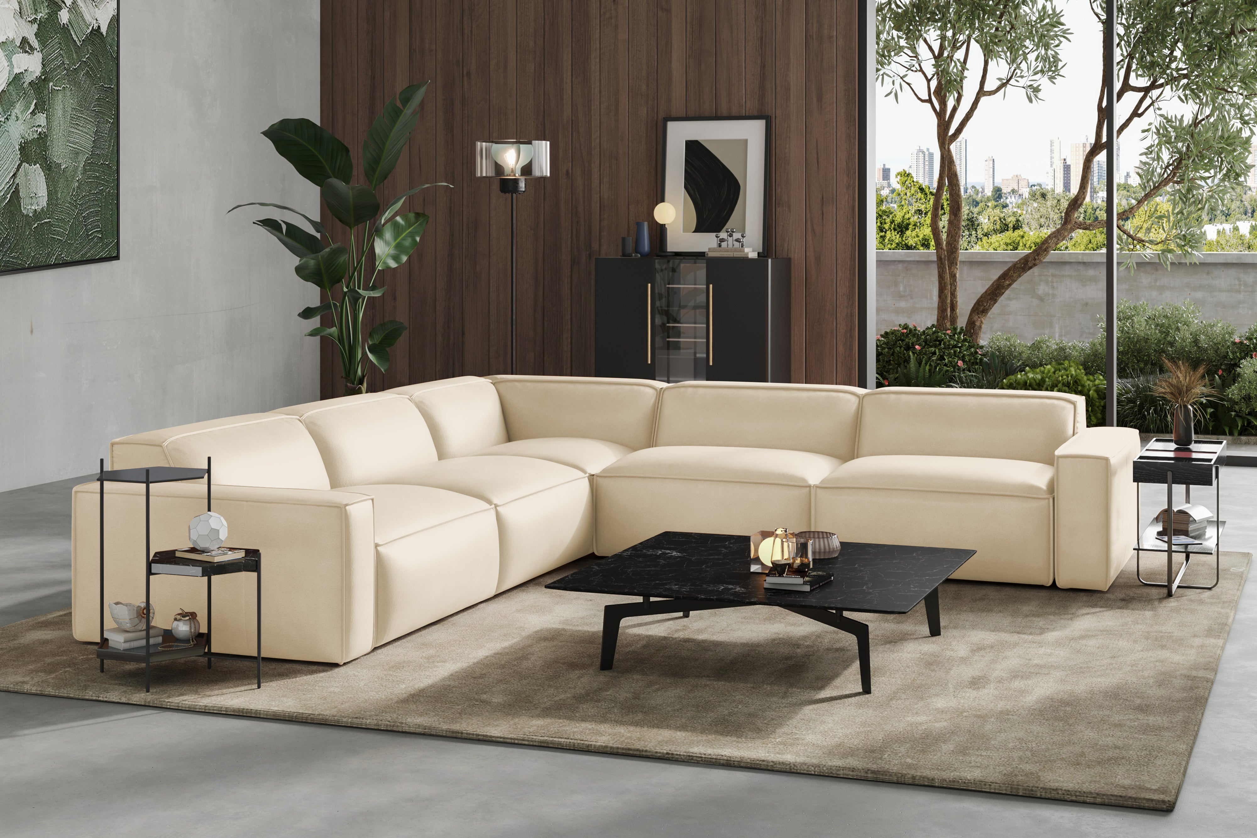 Valencia Nathan Full Aniline Leather Modular Sofa with Down Feather, L-Shape, Antique White