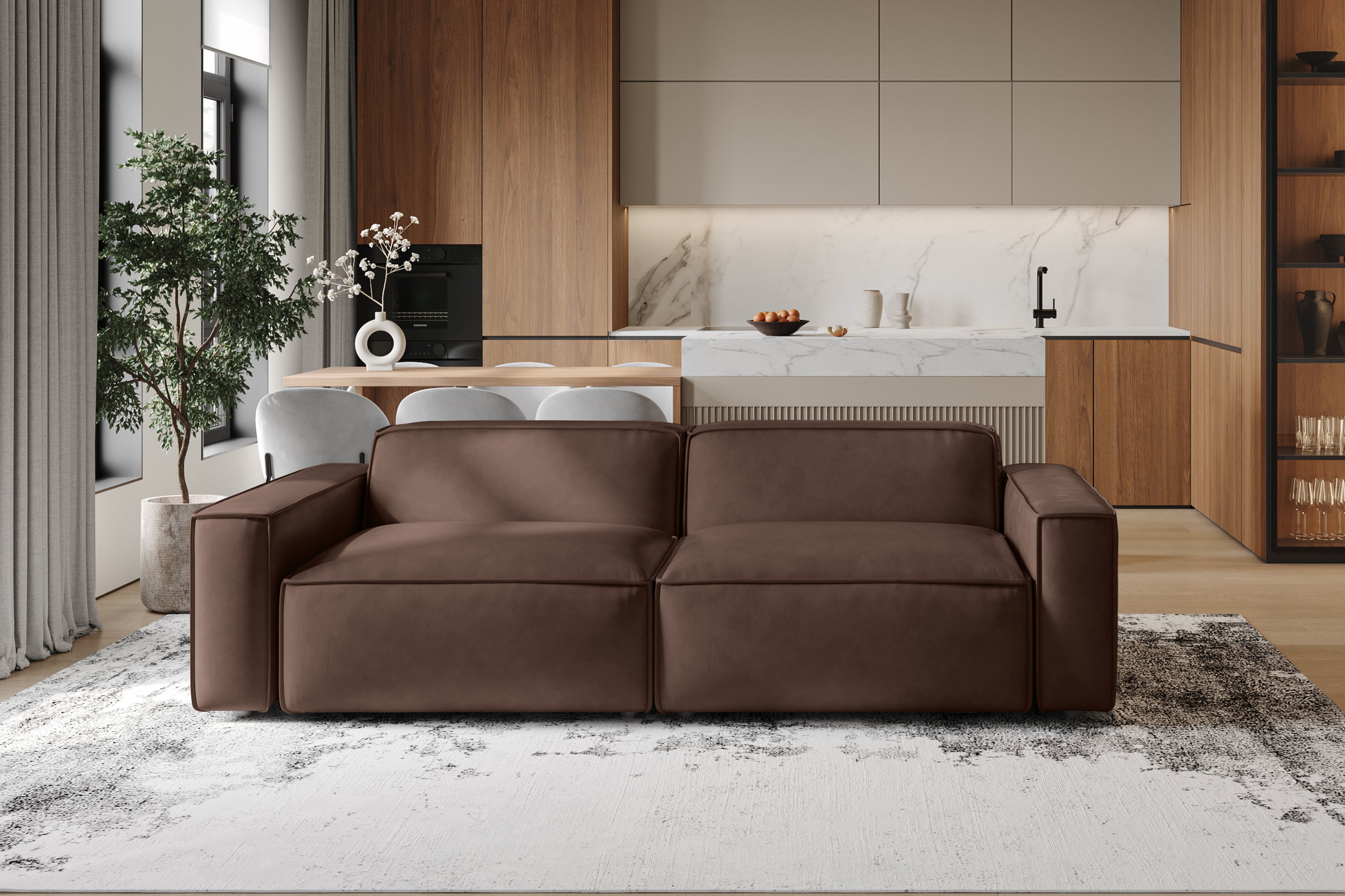 Valencia Nathan Full Aniline Leather Modular Sofa with Down Feather, Loveseat, Dark Chocolate