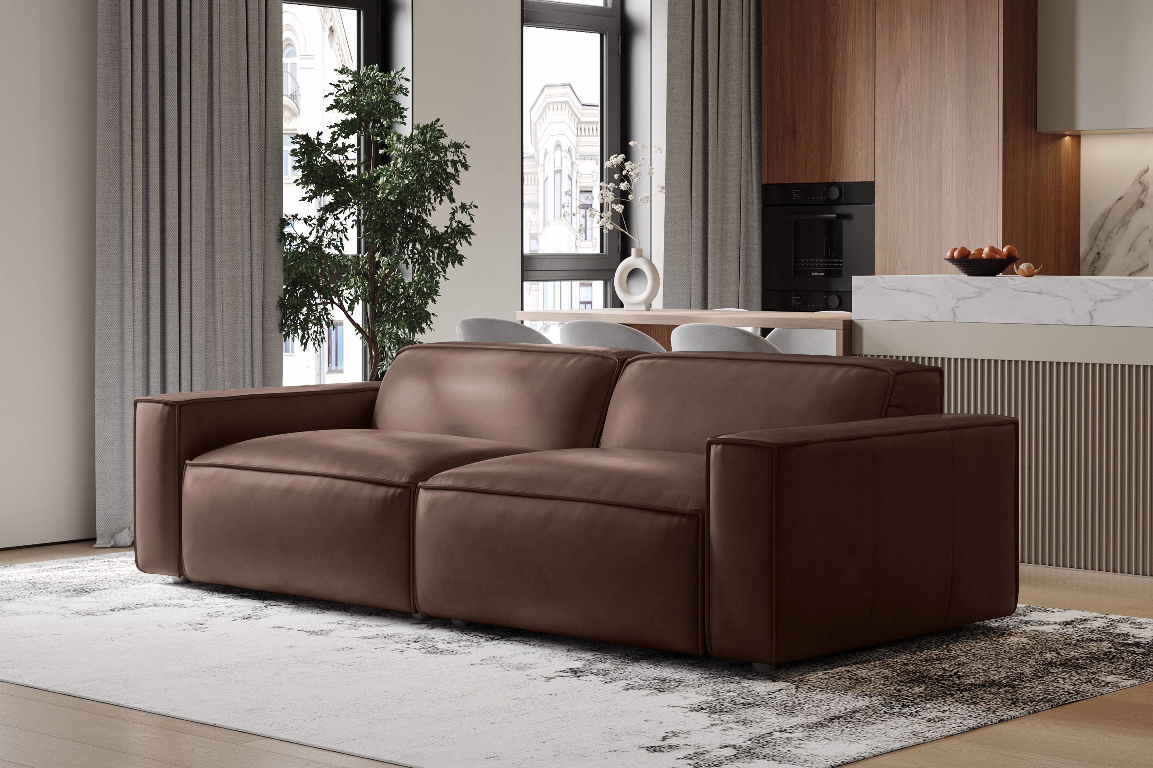 Valencia Nathan Full Aniline Leather Modular Sofa with Down Feather, Loveseat, Dark Chocolate