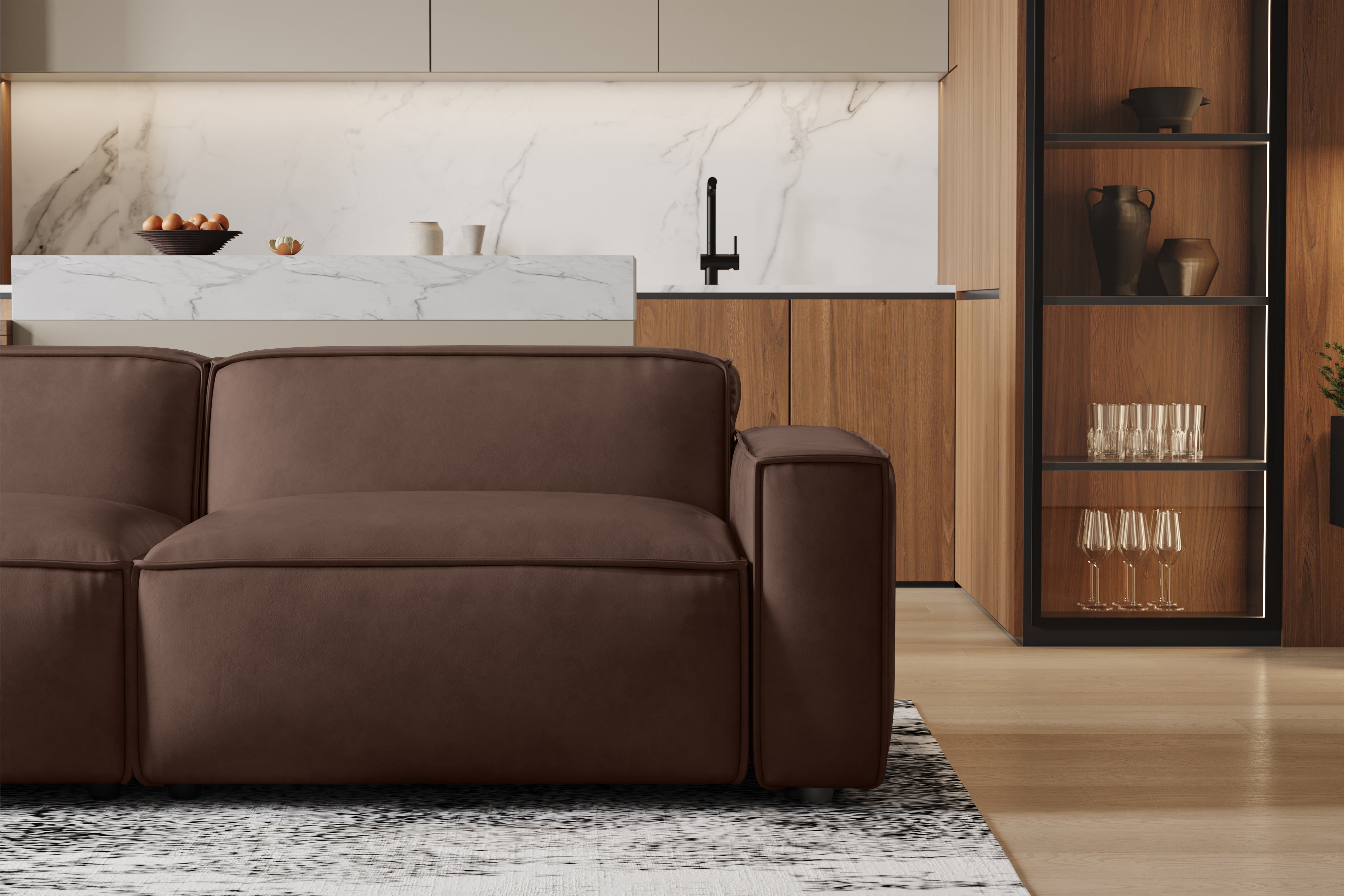 Valencia Nathan Full Aniline Leather Modular Sofa with Down Feather, Loveseat, Dark Chocolate