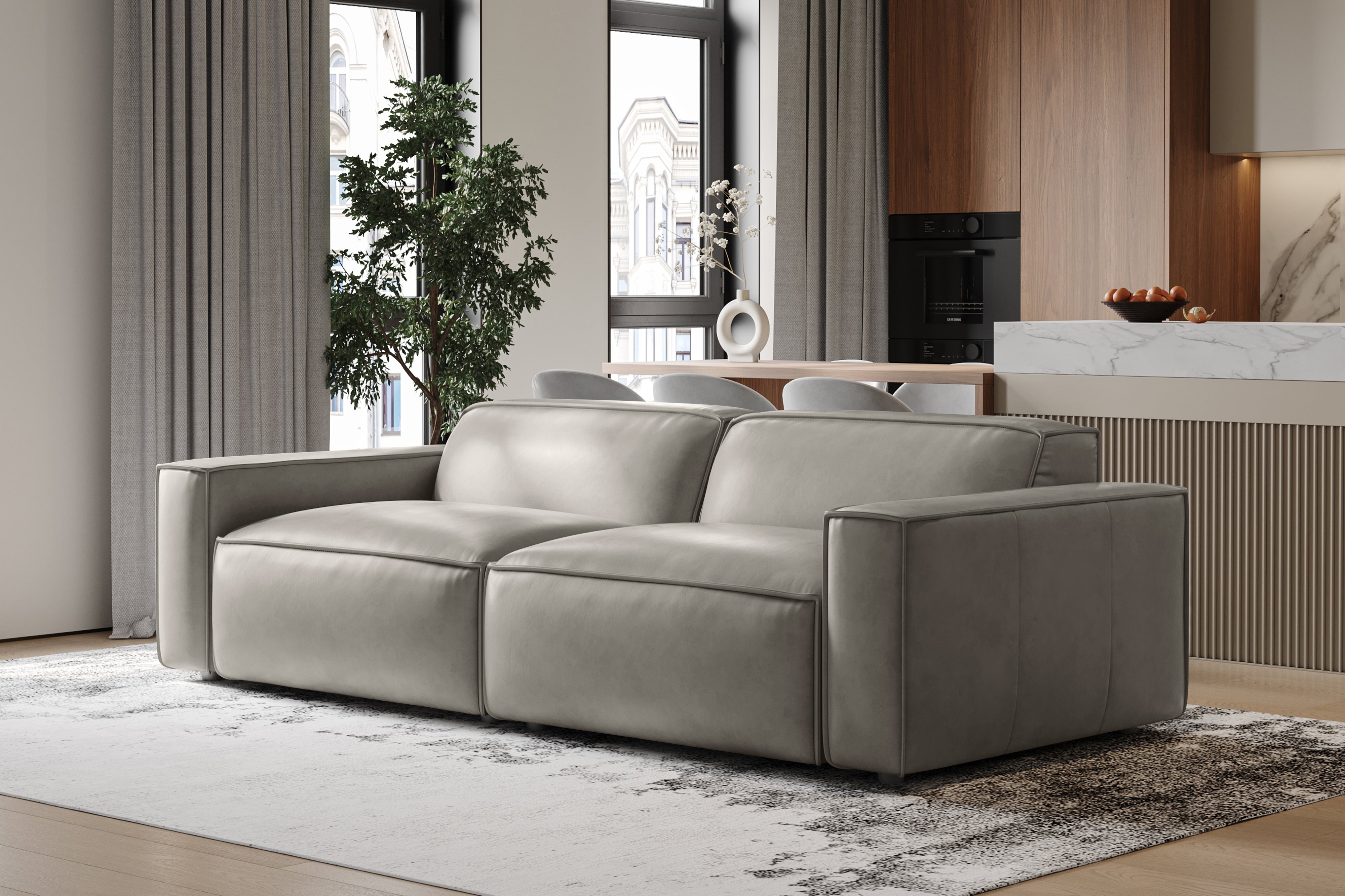 Valencia Nathan Full Aniline Leather Modular Sofa with Down Feather, Loveseat, Light Grey