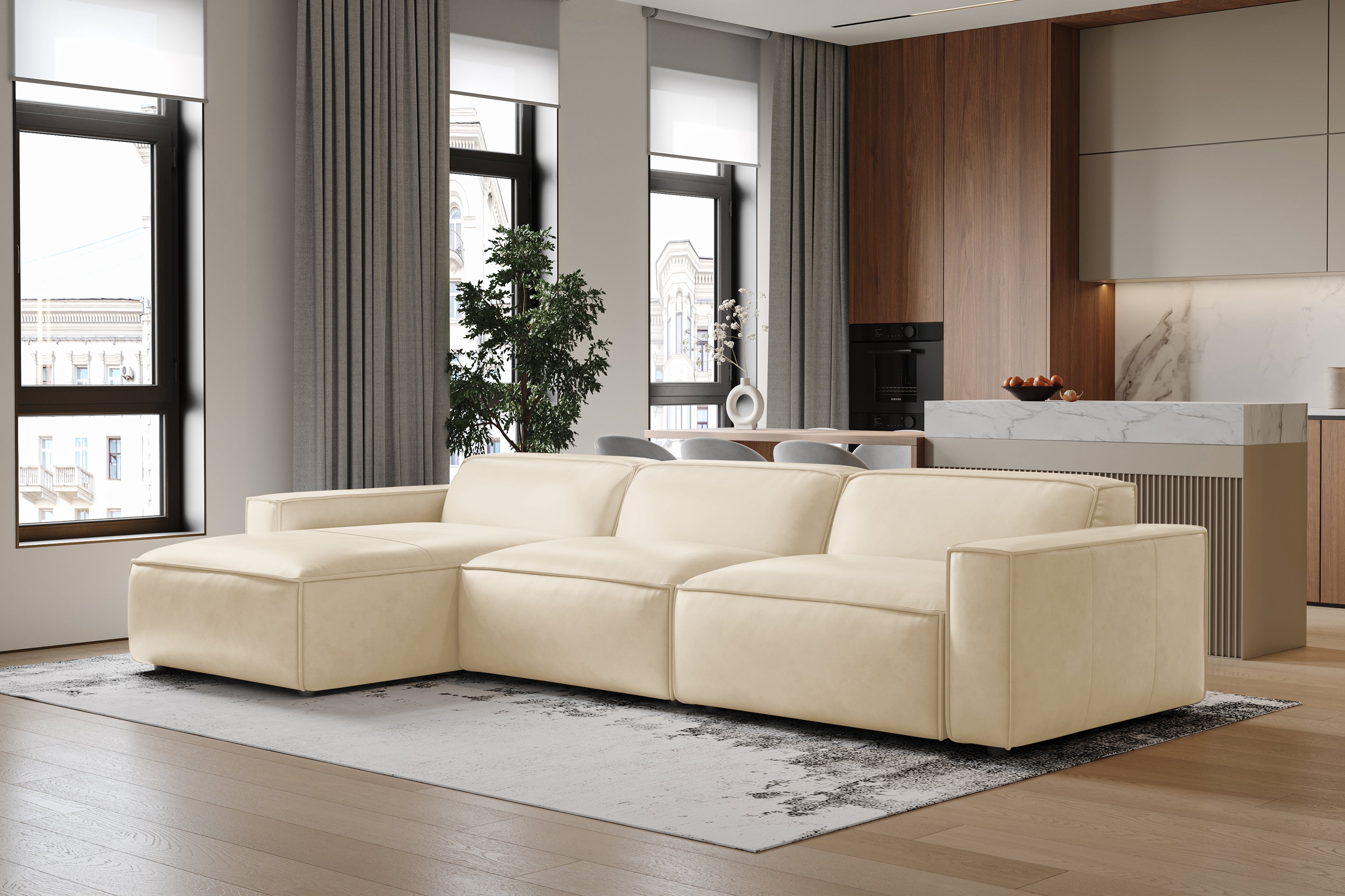 Valencia Nathan Full Aniline Leather Modular Sofa with Down Feather, Left Chaise, Antique White