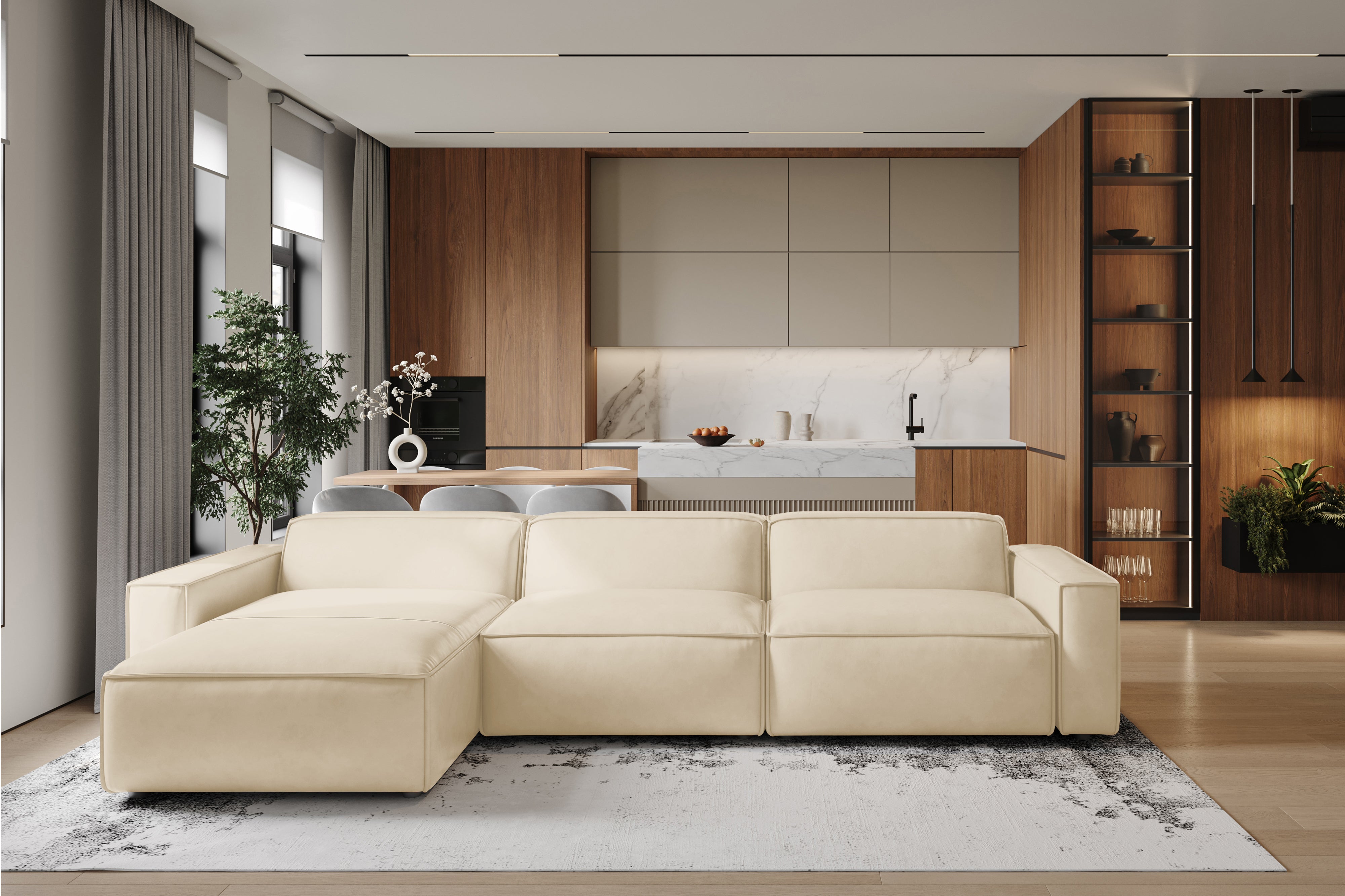 Valencia Nathan Full Aniline Leather Modular Sofa with Down Feather, Left Chaise, Antique White