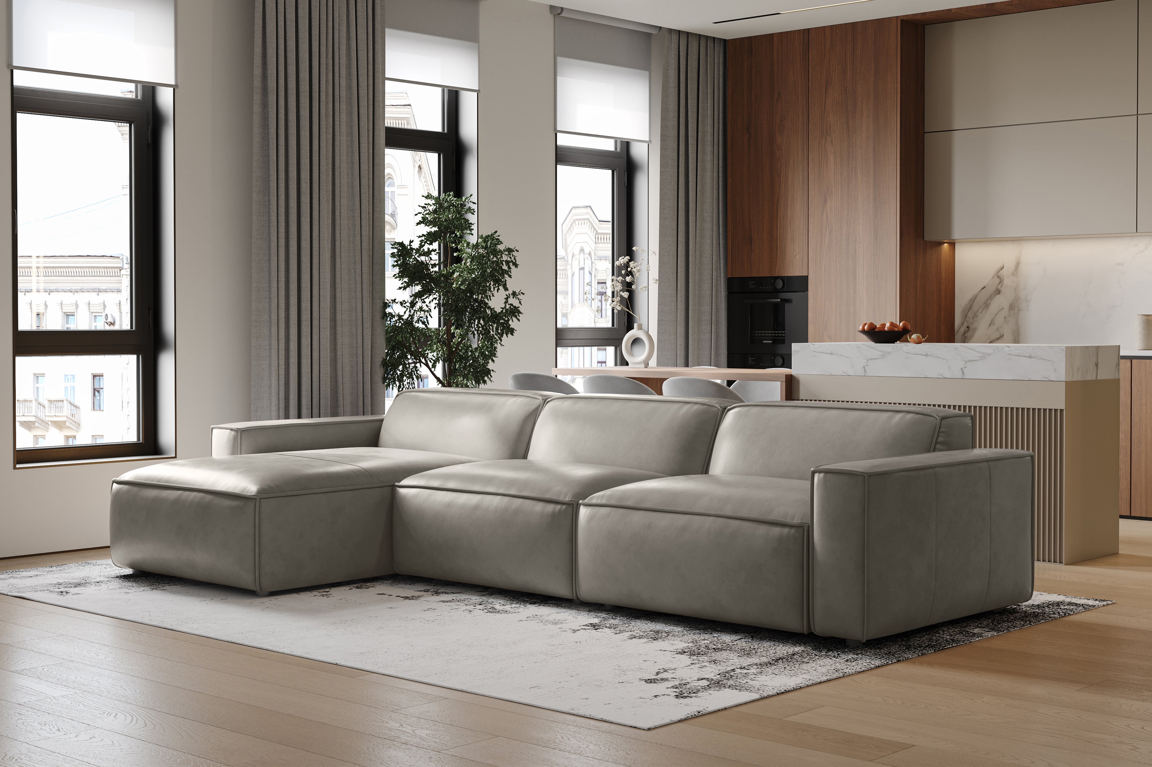 Valencia Nathan Full Aniline Leather Modular Sofa with Down Feather, Left Chaise, Light Grey