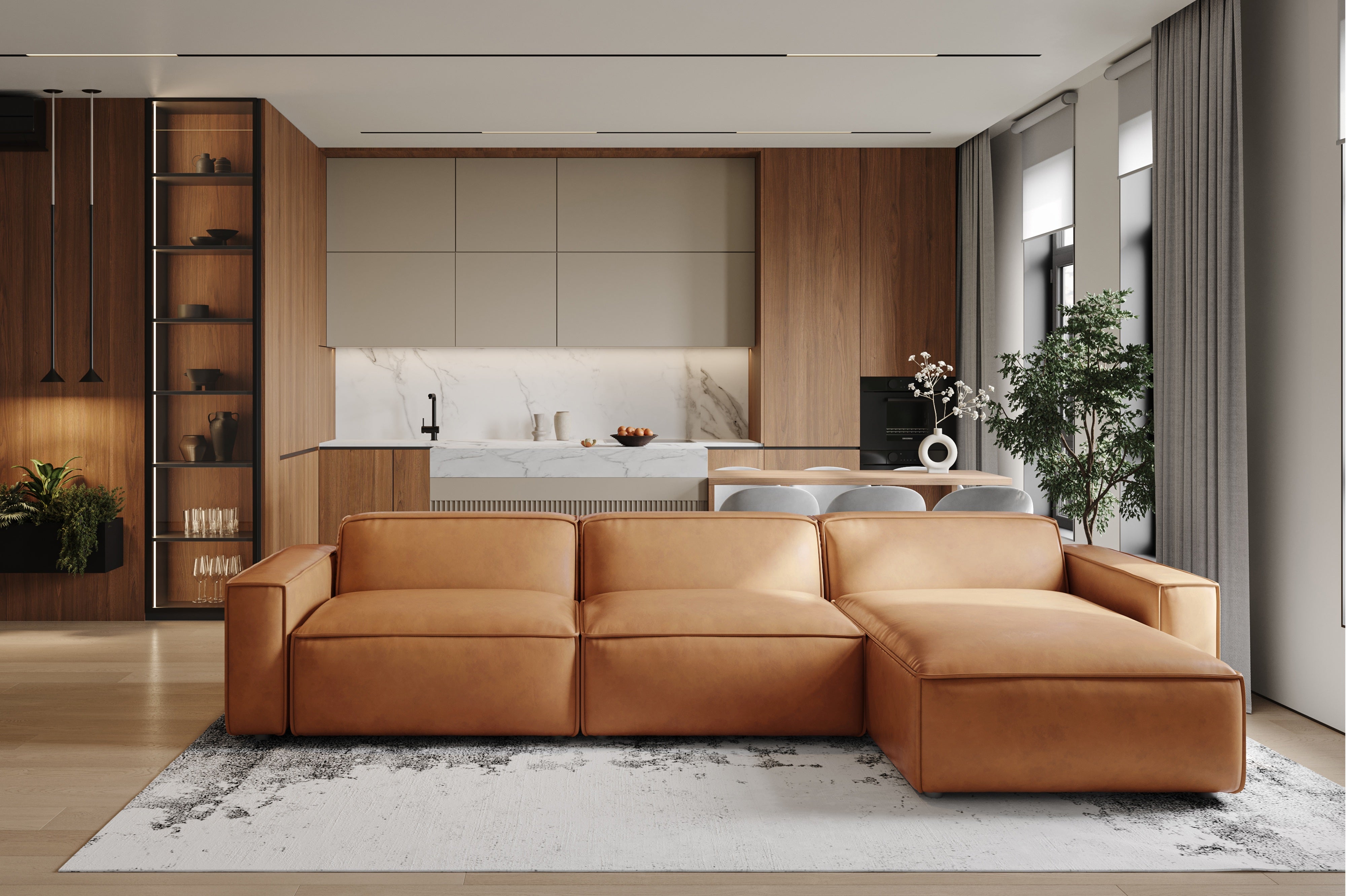 Valencia Nathan Full Aniline Leather Modular Sofa with Down Feather, Right Chaise, Caramel Brown Color