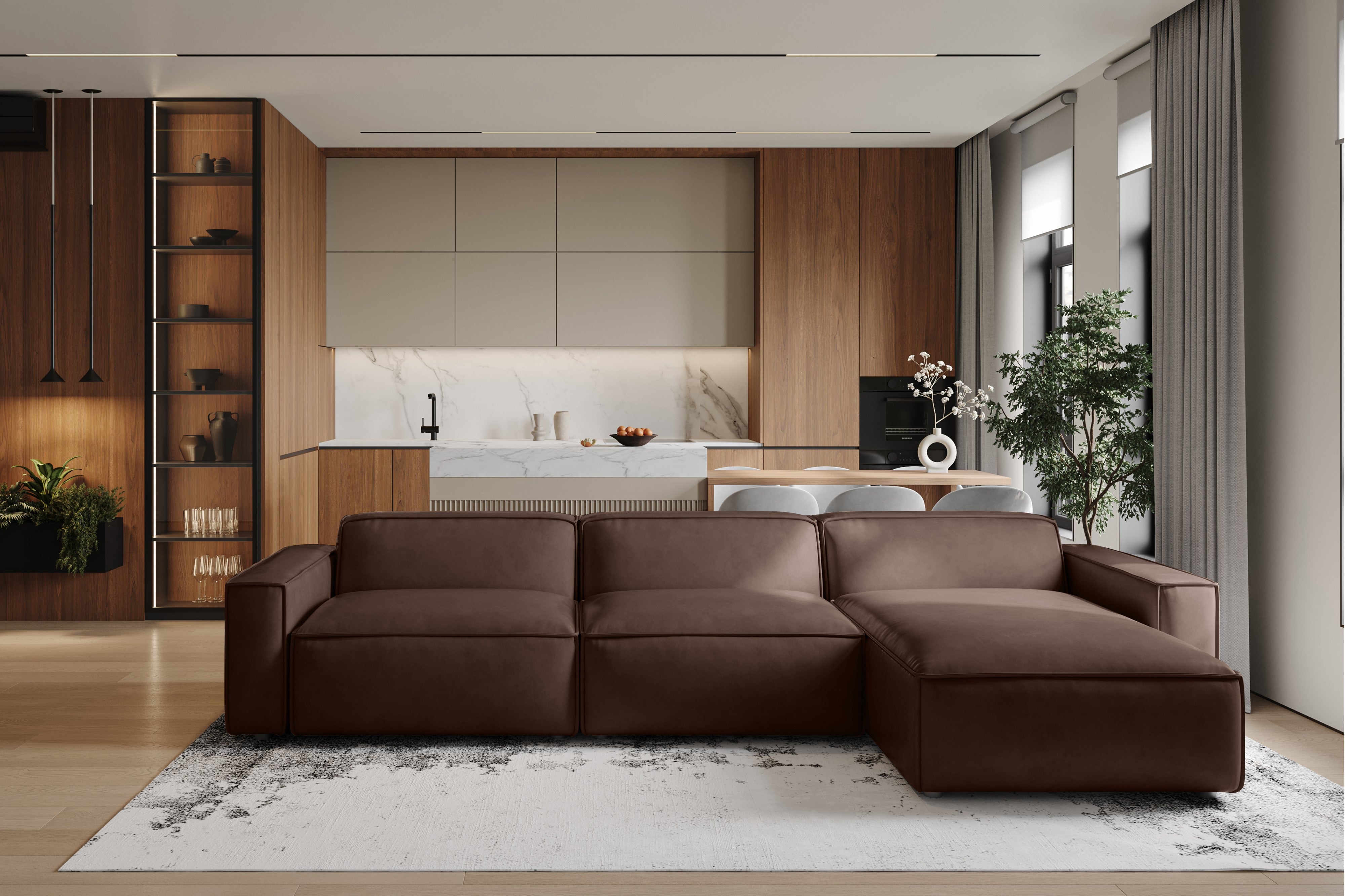 Valencia Nathan Full Aniline Leather Modular Sofa with Down Feather, Right Chaise, Dark Chocolate