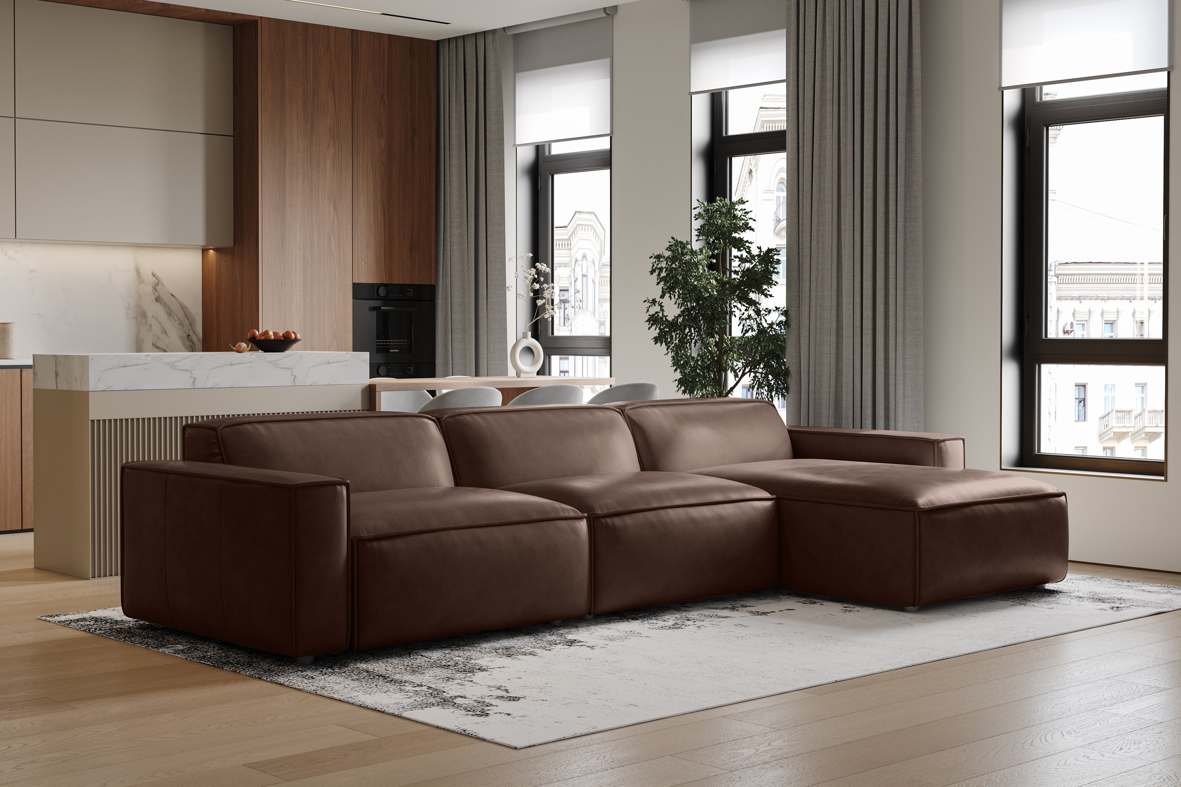 Valencia Nathan Full Aniline Leather Modular Sofa with Down Feather, Right Chaise, Dark Chocolate