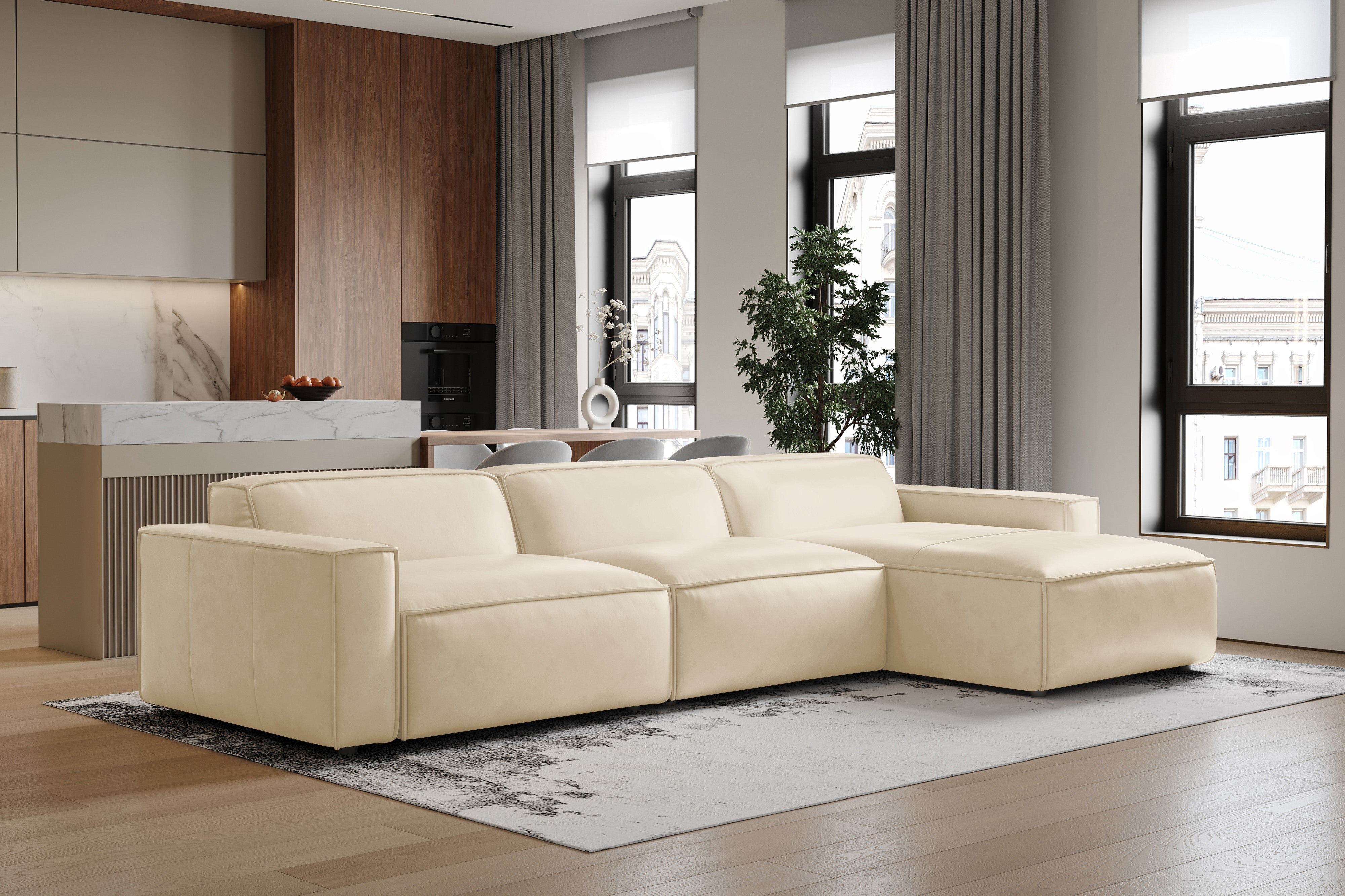 Valencia Nathan Full Aniline Leather Modular Sofa with Down Feather, Right Chaise, Antique White