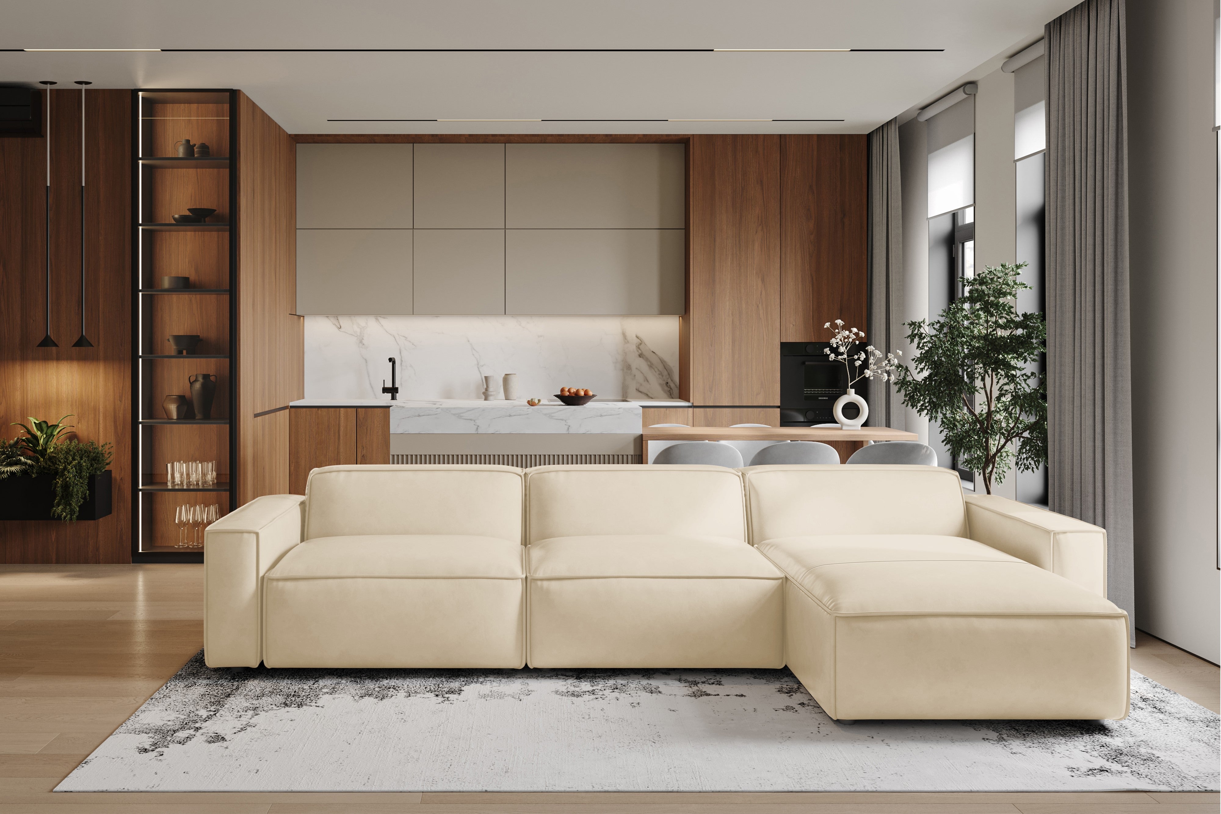 Valencia Nathan Full Aniline Leather Modular Sofa with Down Feather, Right Chaise, Antique White