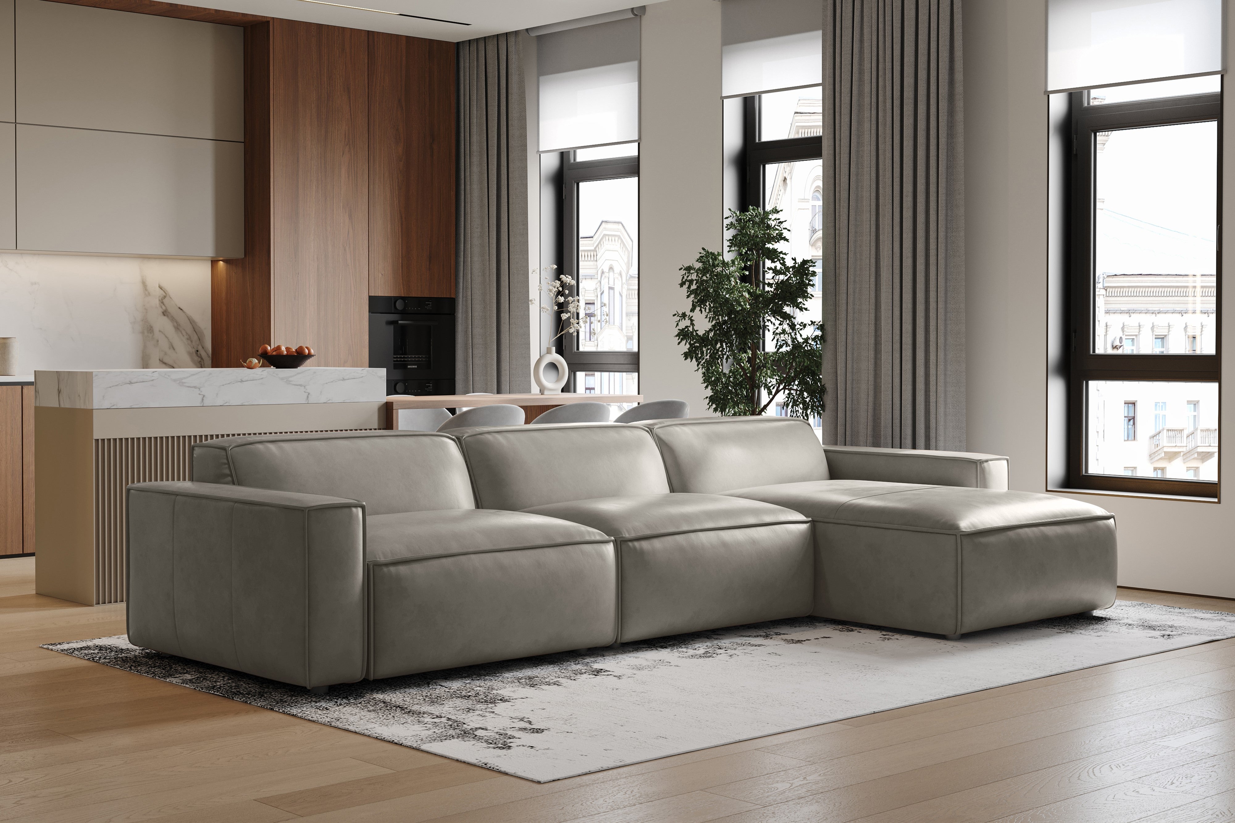 Valencia Nathan Full Aniline Leather Modular Sofa with Down Feather, Right Chaise, Light Grey