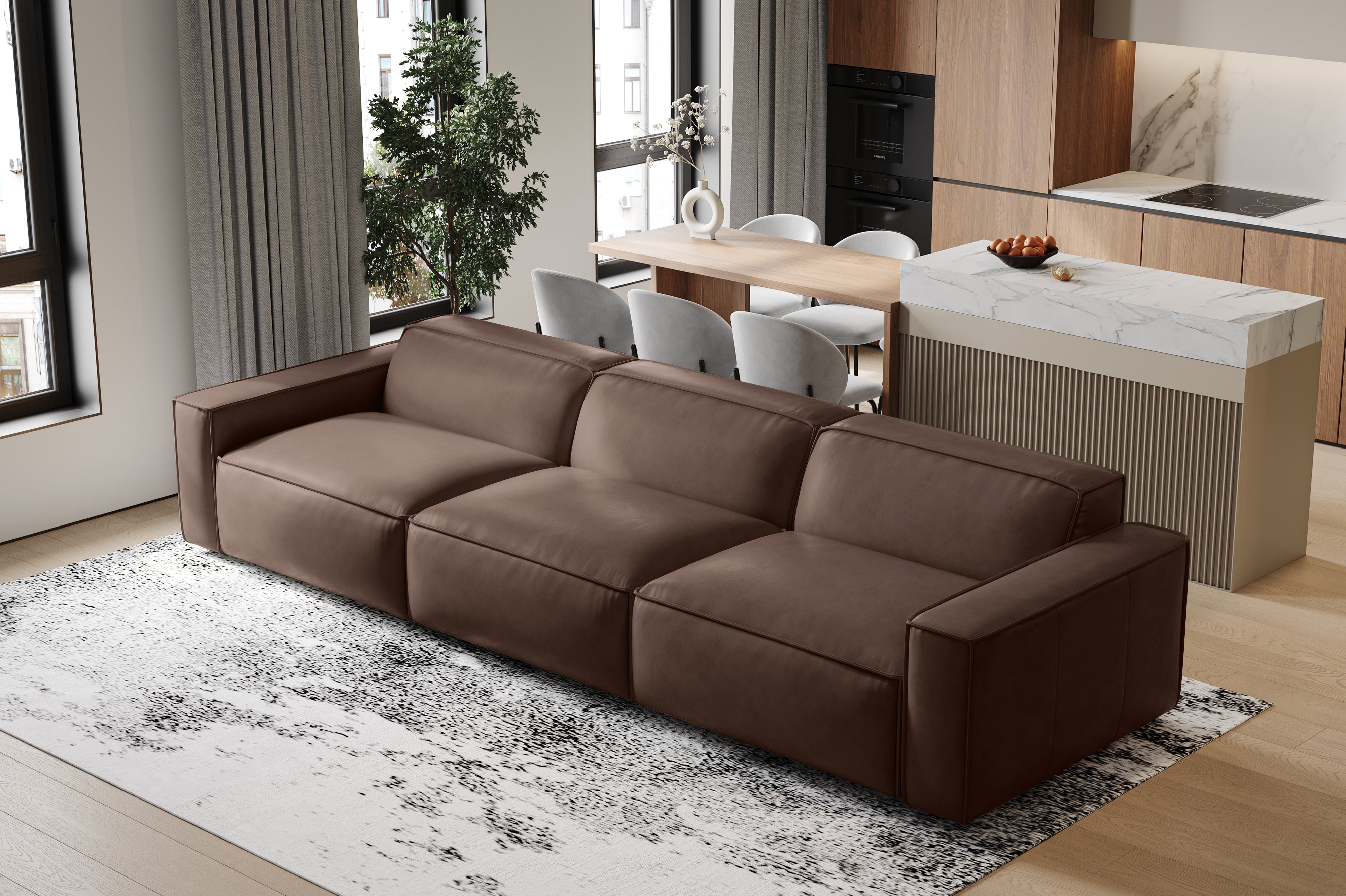 Valencia Nathan Full Aniline Leather Modular Sofa with Down Feather, Three Seats, Dark Chocolate