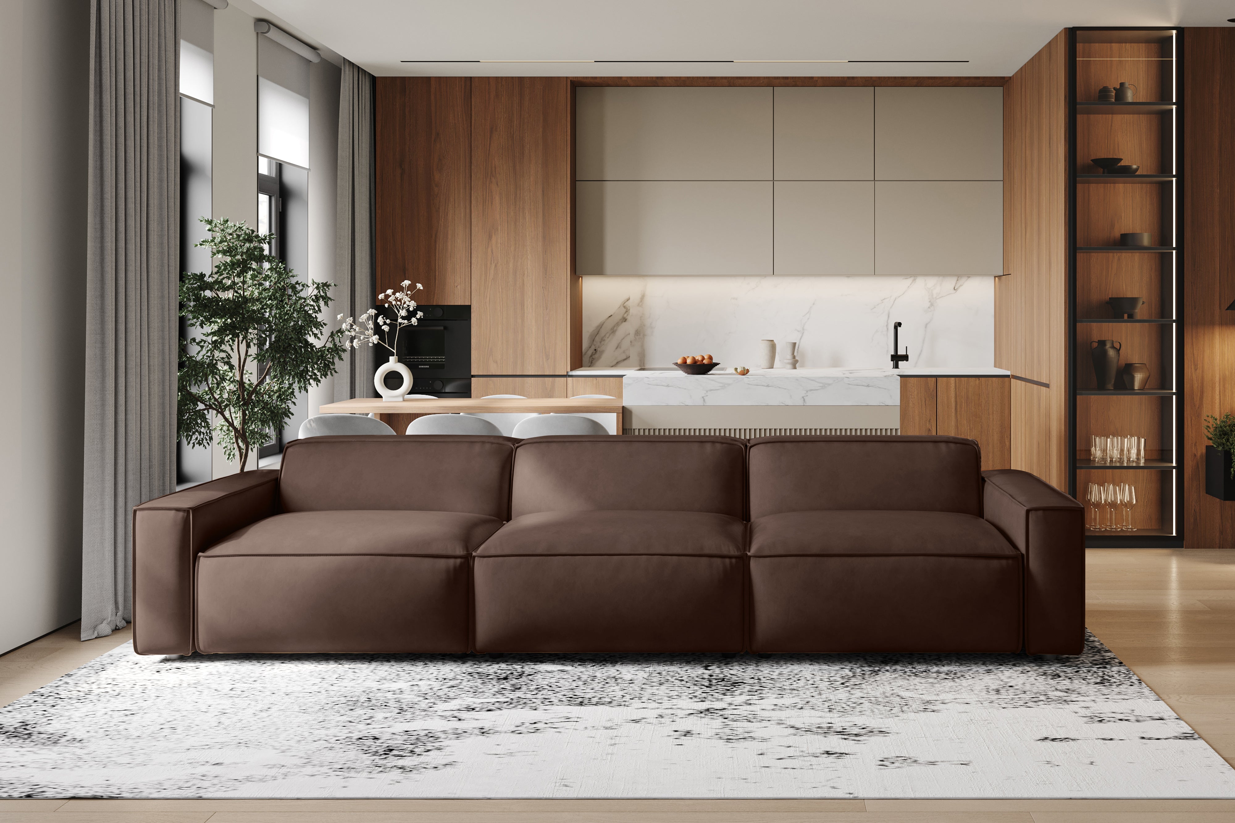 Valencia Nathan Full Aniline Leather Modular Sofa with Down Feather, Three Seats, Dark Chocolate