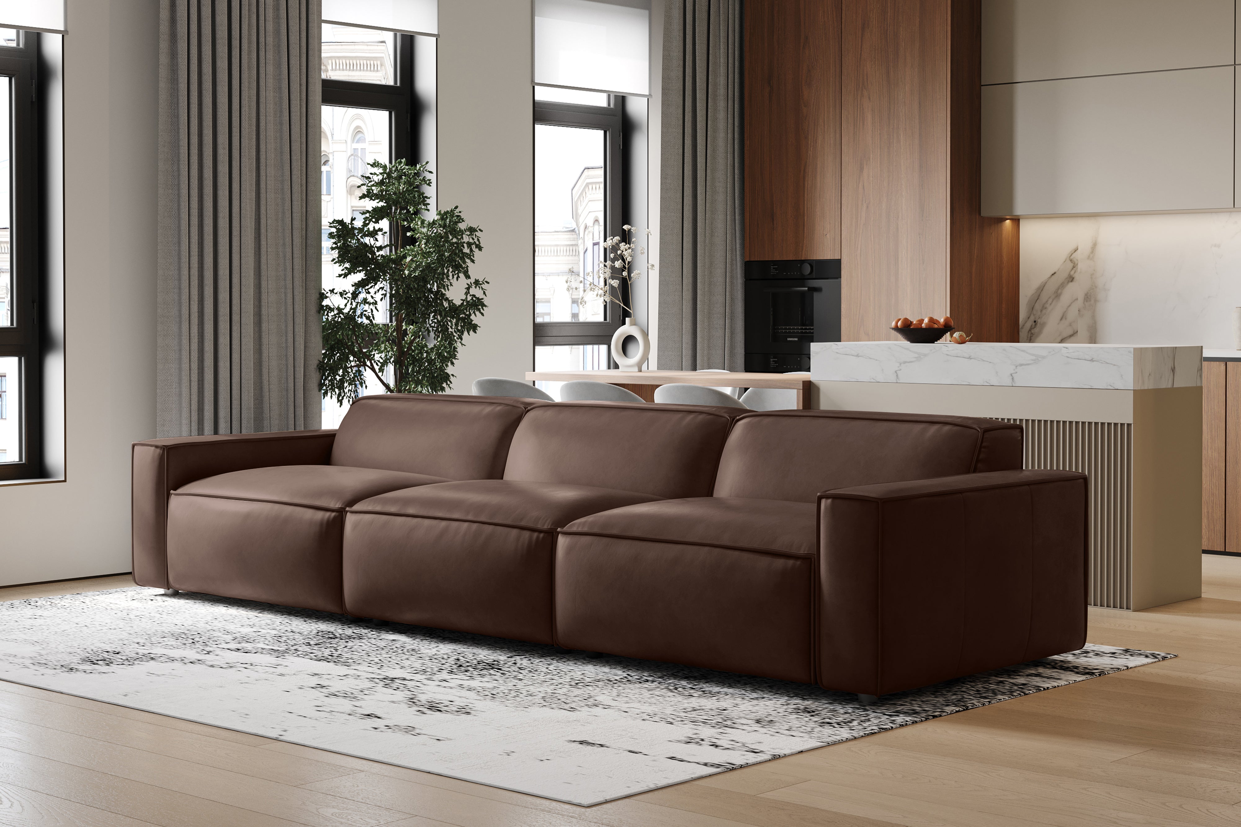 Valencia Nathan Full Aniline Leather Modular Sofa with Down Feather, Three Seats, Dark Chocolate