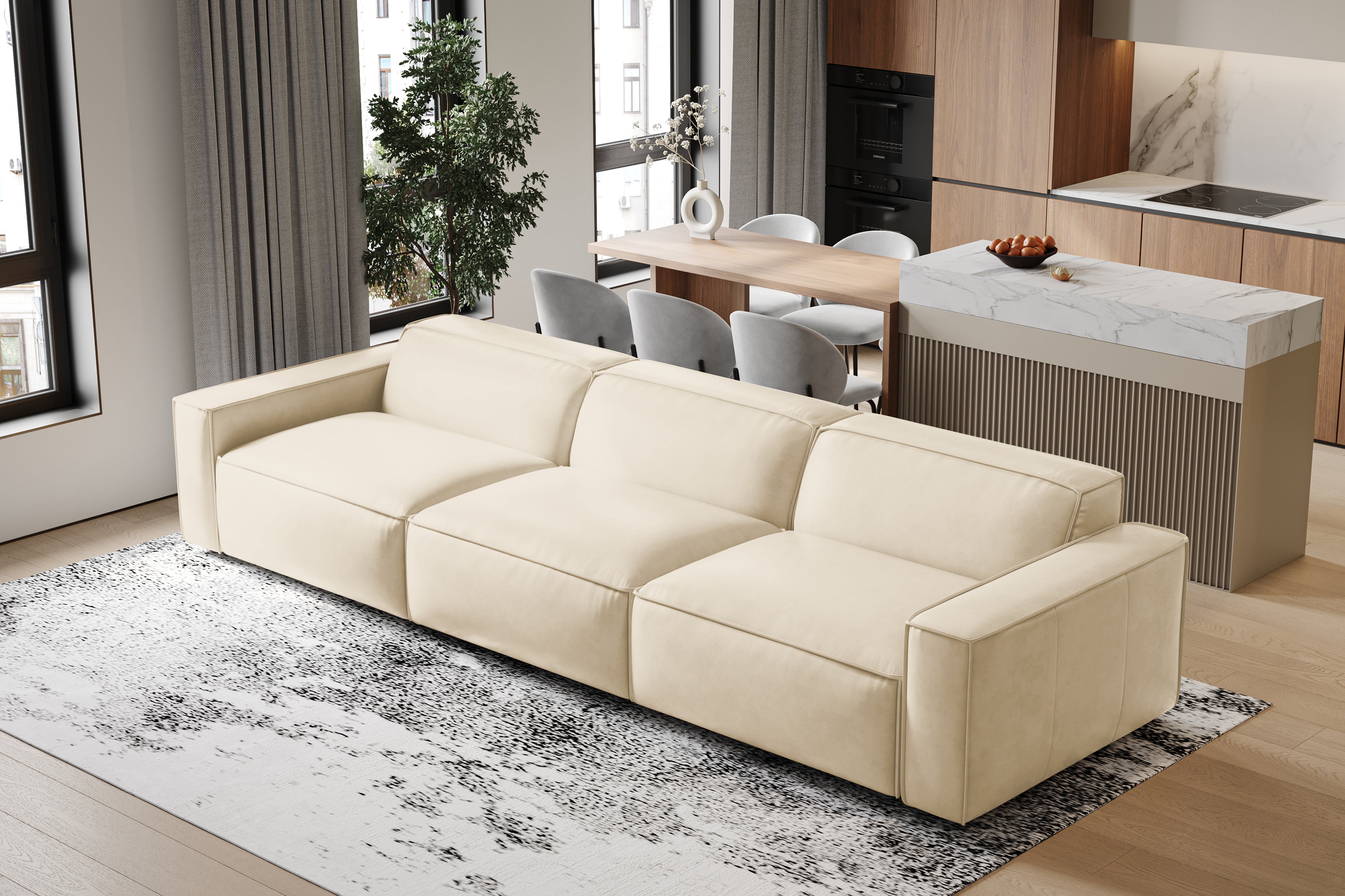 Valencia Nathan Full Aniline Leather Modular Sofa with Down Feather, Three Seats, Antique White