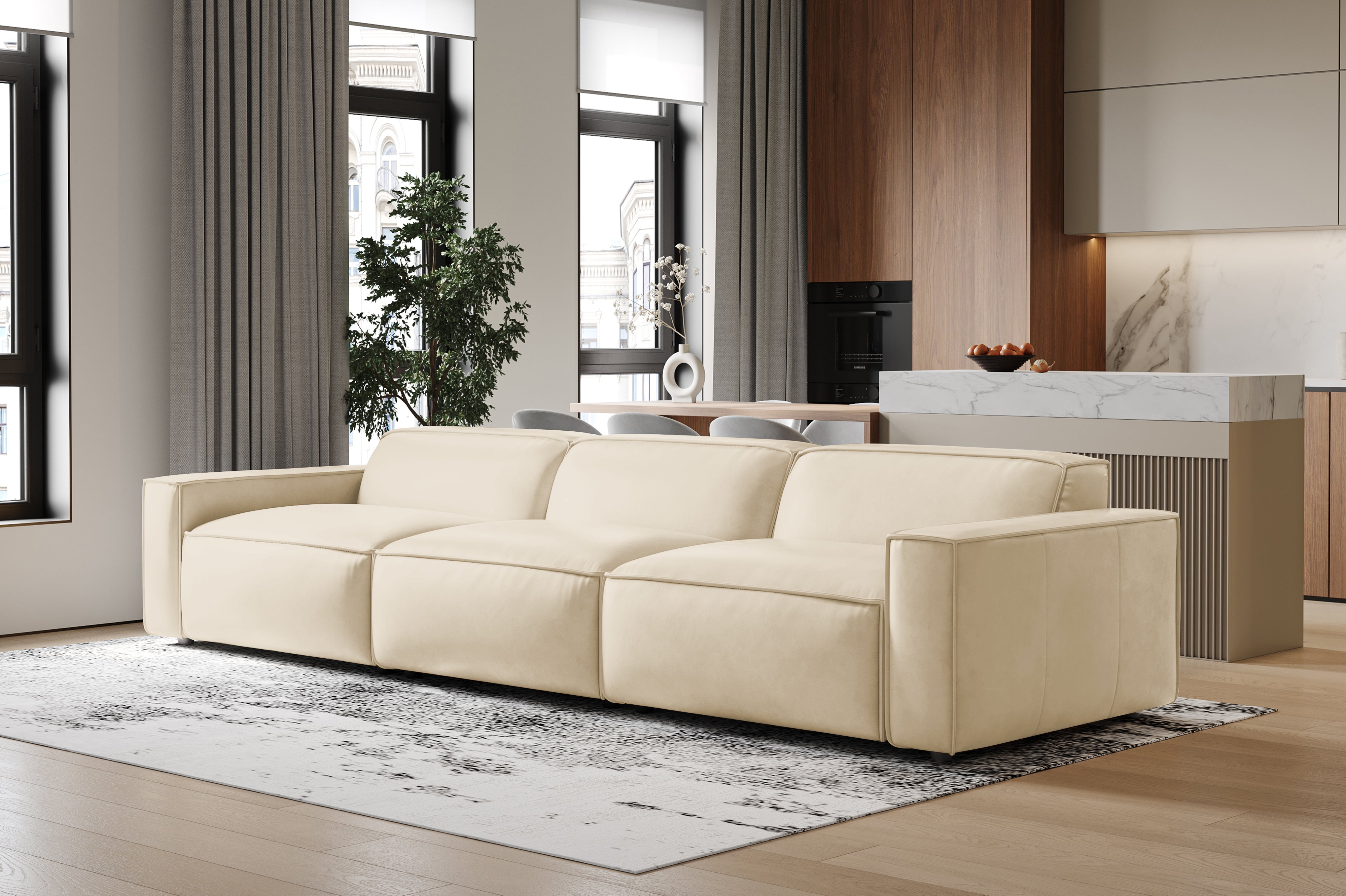 Valencia Nathan Full Aniline Leather Modular Sofa with Down Feather, Three Seats, Antique White