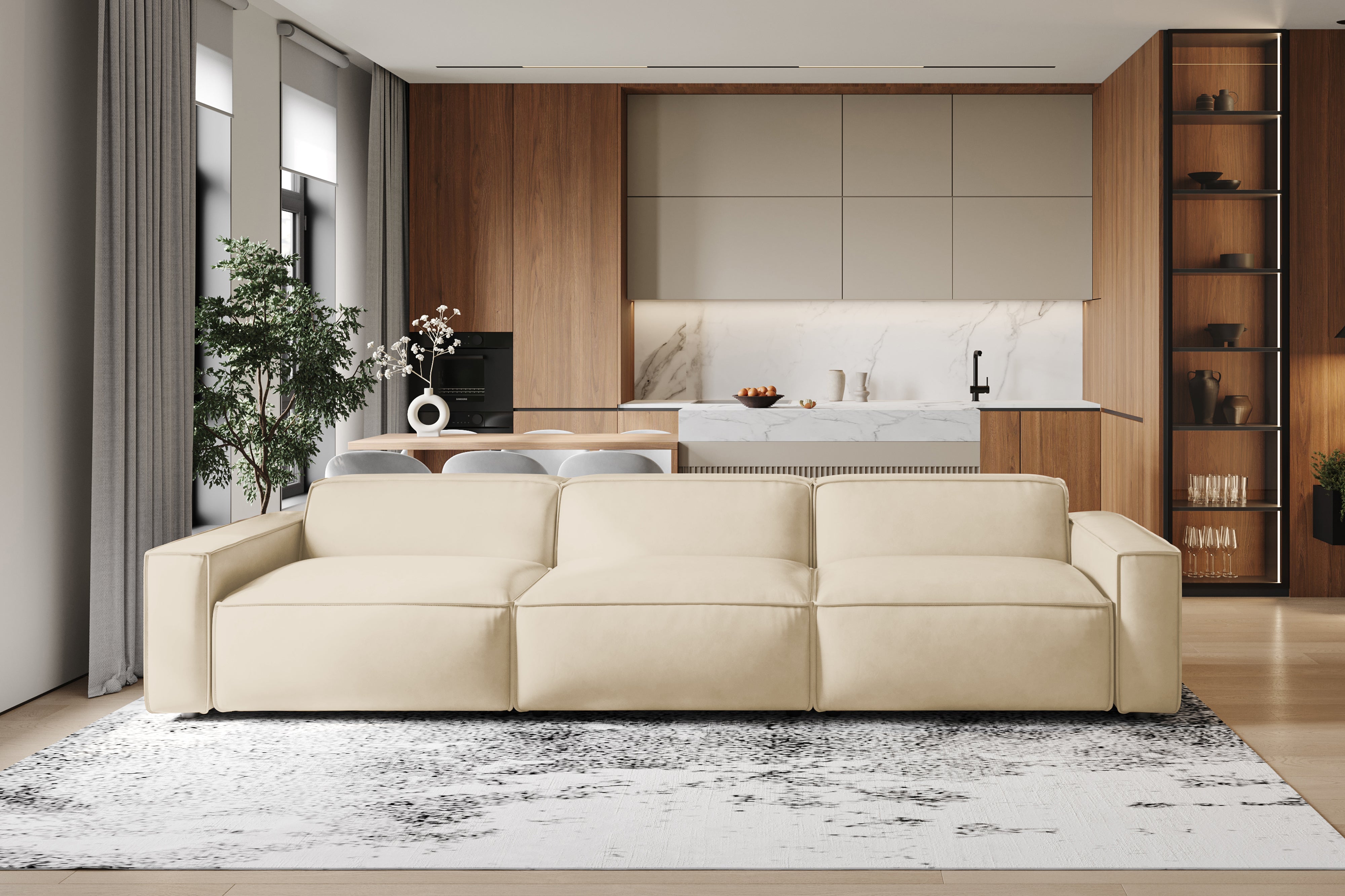 Valencia Nathan Full Aniline Leather Modular Sofa with Down Feather, Three Seats, Antique White