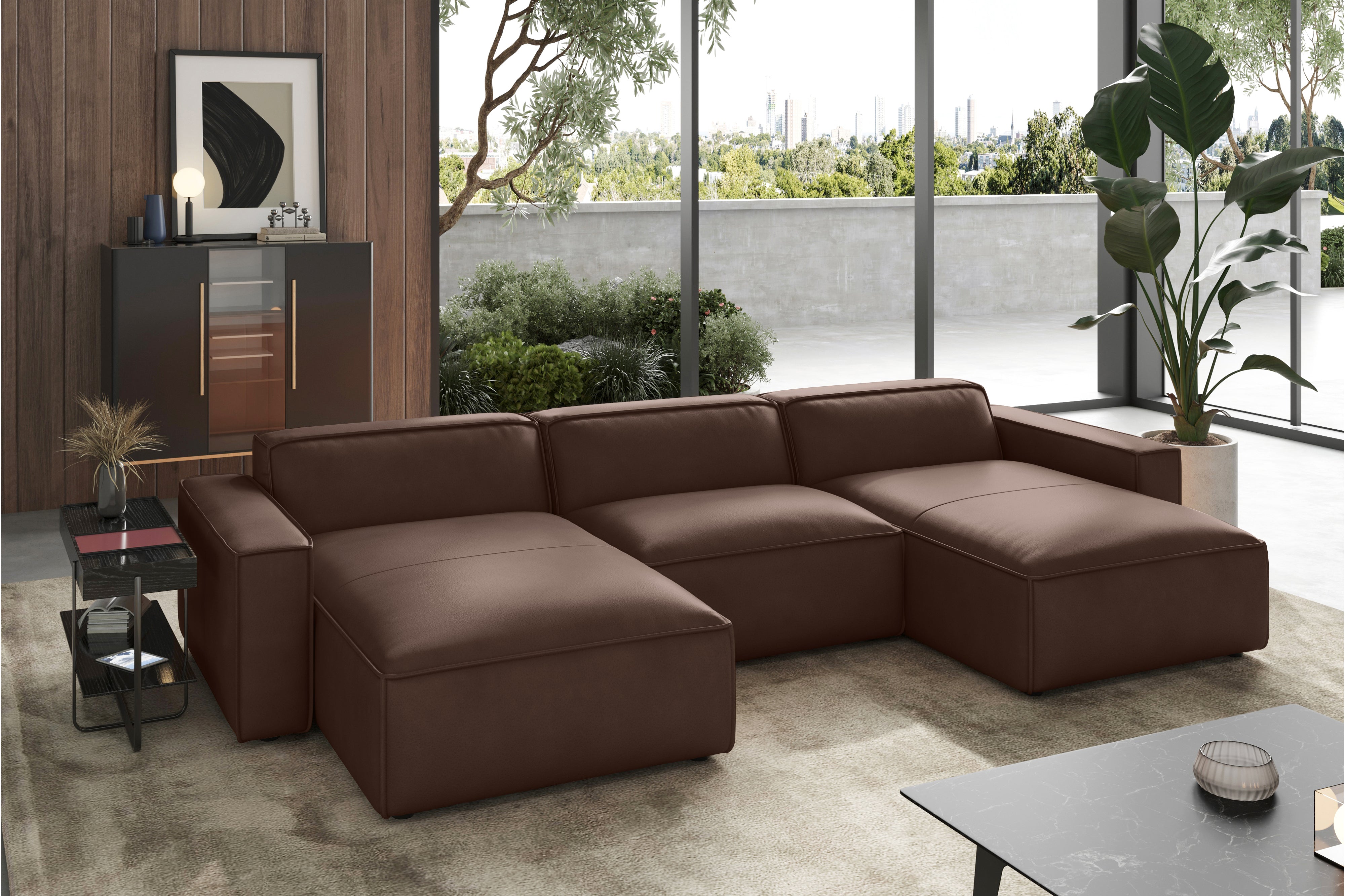 Valencia Nathan Full Aniline Leather Modular Sofa with Down Feather, Row of 3 Double Chaise, Dark Chocolate