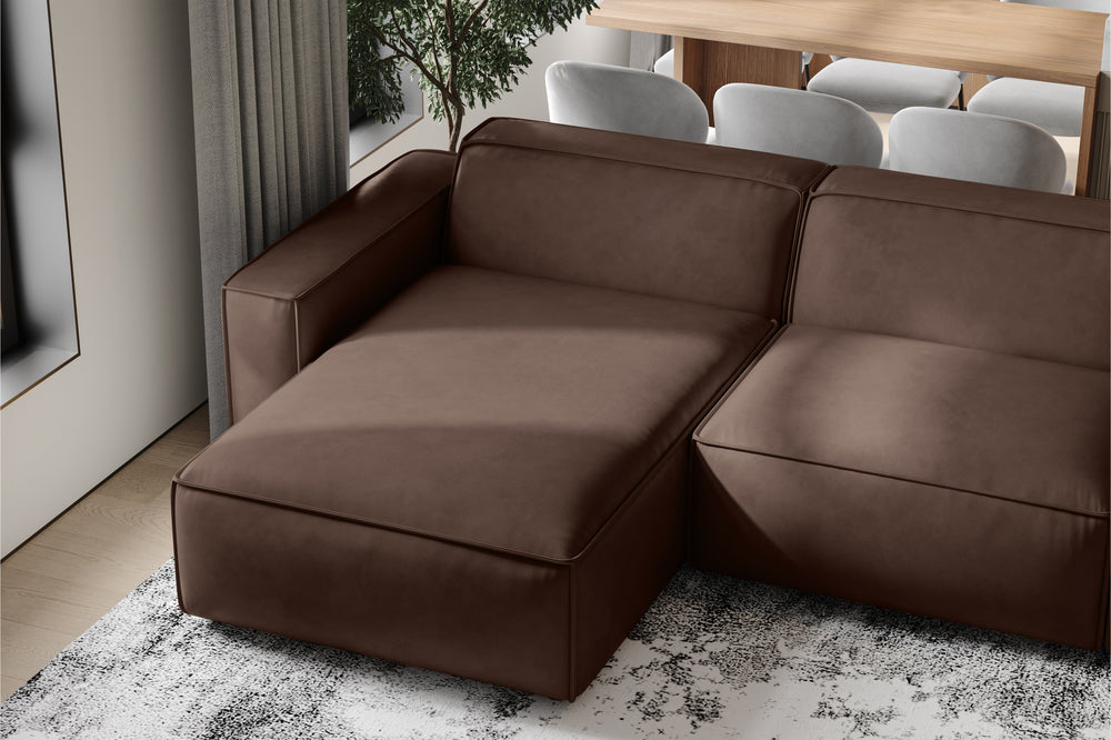 Valencia Nathan Full Aniline Leather Modular Sofa with Down Feather, Row of 3 Double Chaise, Dark Chocolate