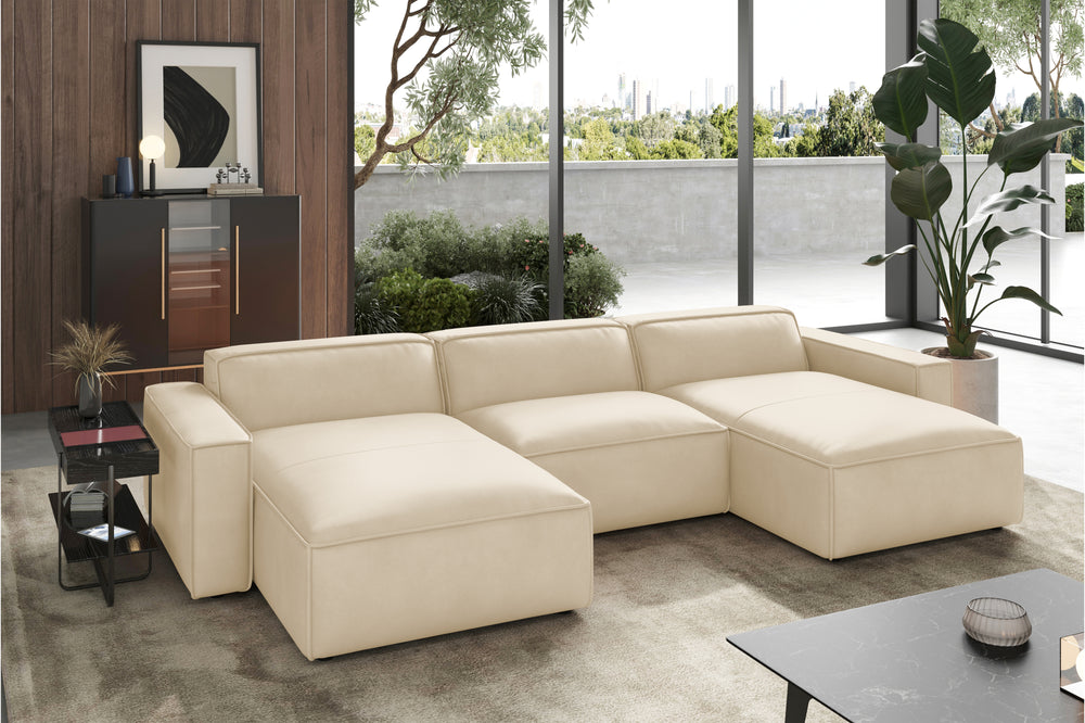 Valencia Nathan Full Aniline Leather Modular Sofa with Down Feather, Row of 3 Double Chaise, Antique White