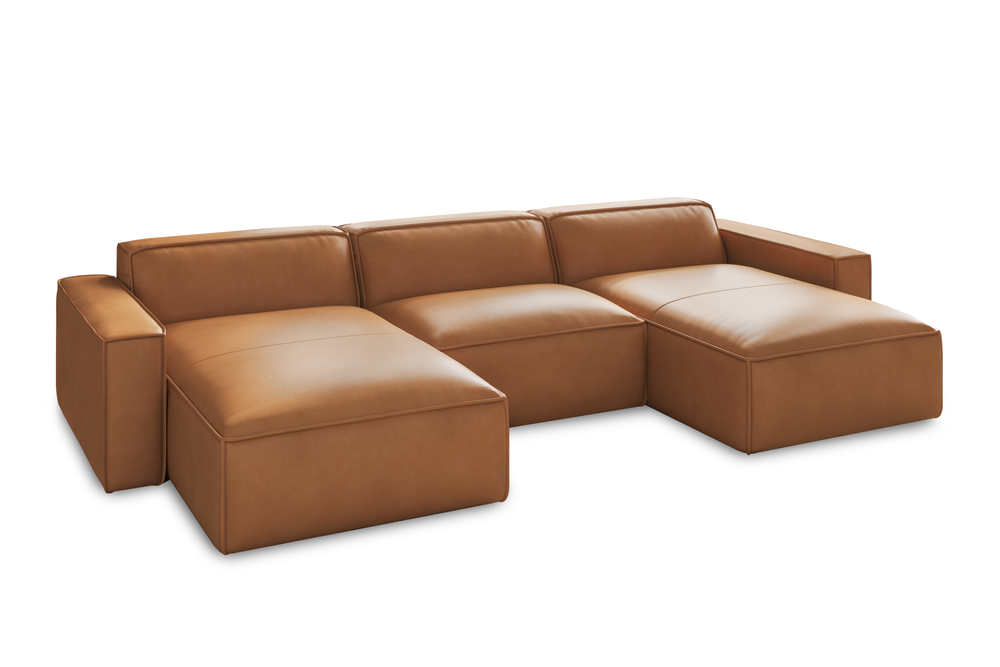 Valencia Nathan Full Aniline Leather Modular Sofa with Down Feather, Row of 3 with 2 Chaises, Caramel Brown Color