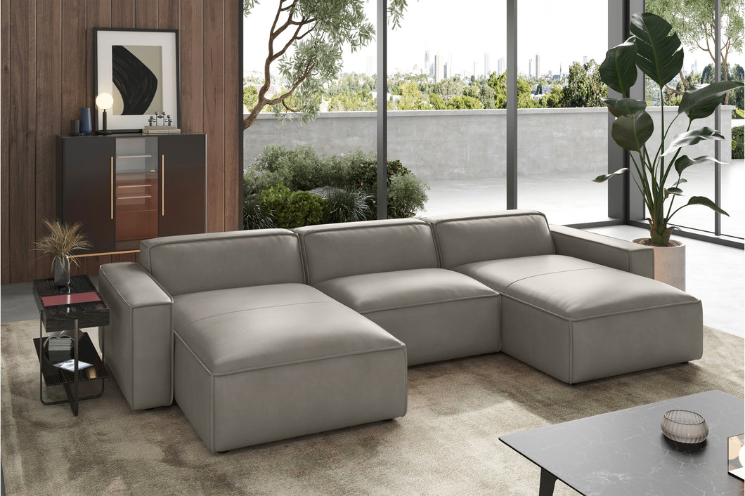 Valencia Nathan Full Aniline Leather Modular Sofa with Down Feather, Row of 3 Double Chaise, Light Grey