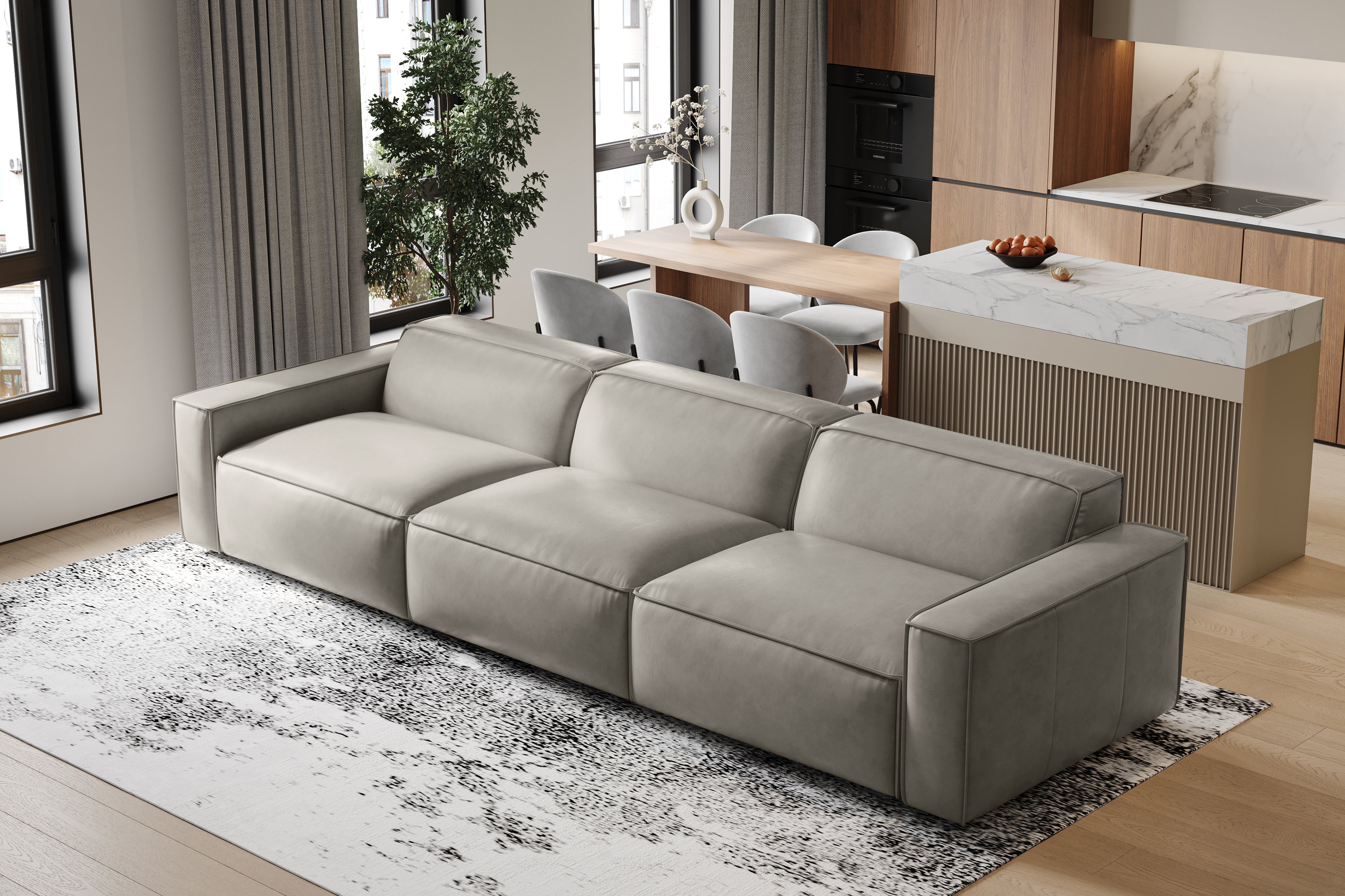 Valencia Nathan Full Aniline Leather Modular Sofa with Down Feather, Three Seats, Light Grey