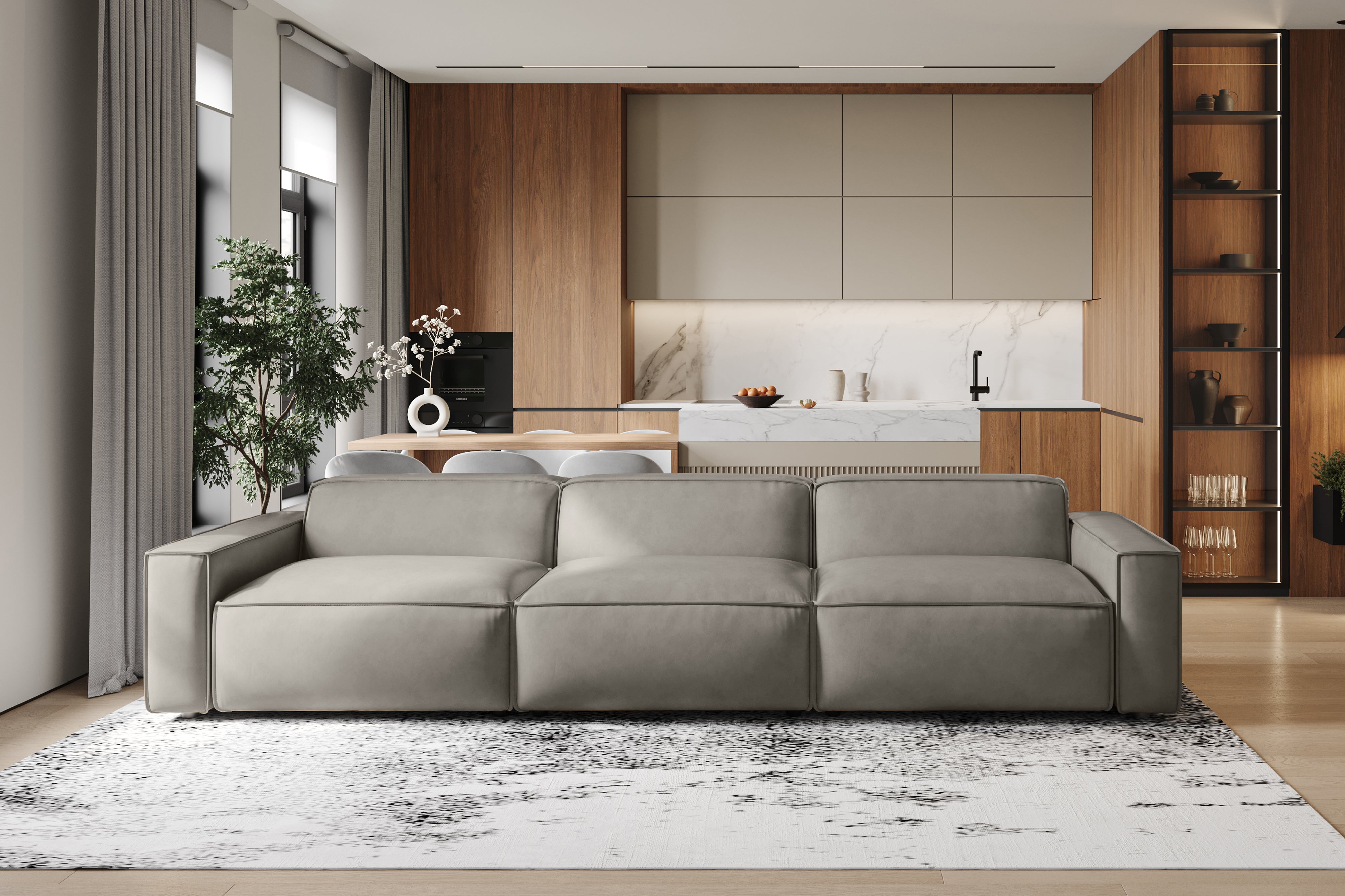 Valencia Nathan Full Aniline Leather Modular Sofa with Down Feather, Three Seats, Light Grey