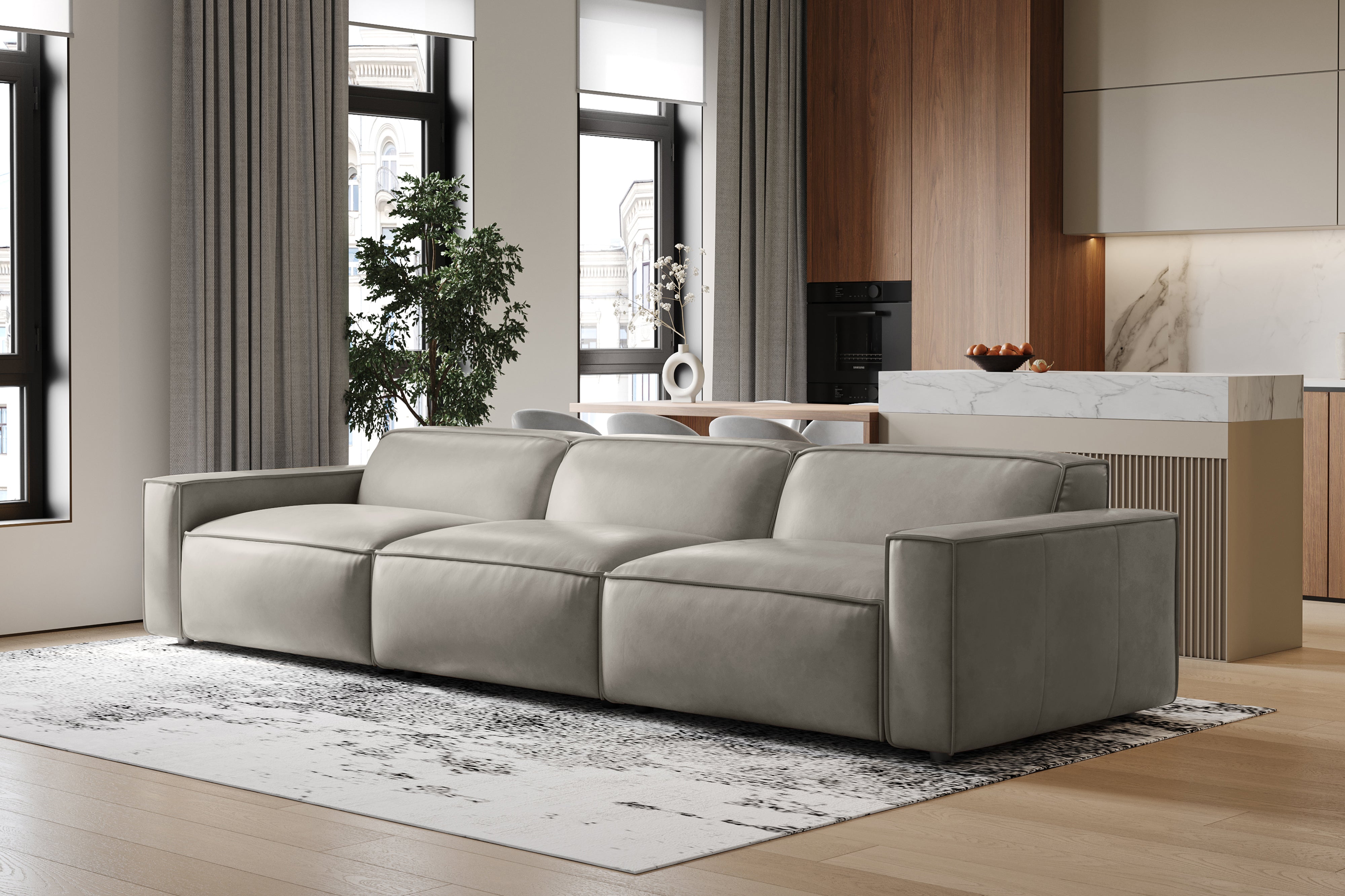 Valencia Nathan Full Aniline Leather Modular Sofa with Down Feather, Three Seats, Light Grey