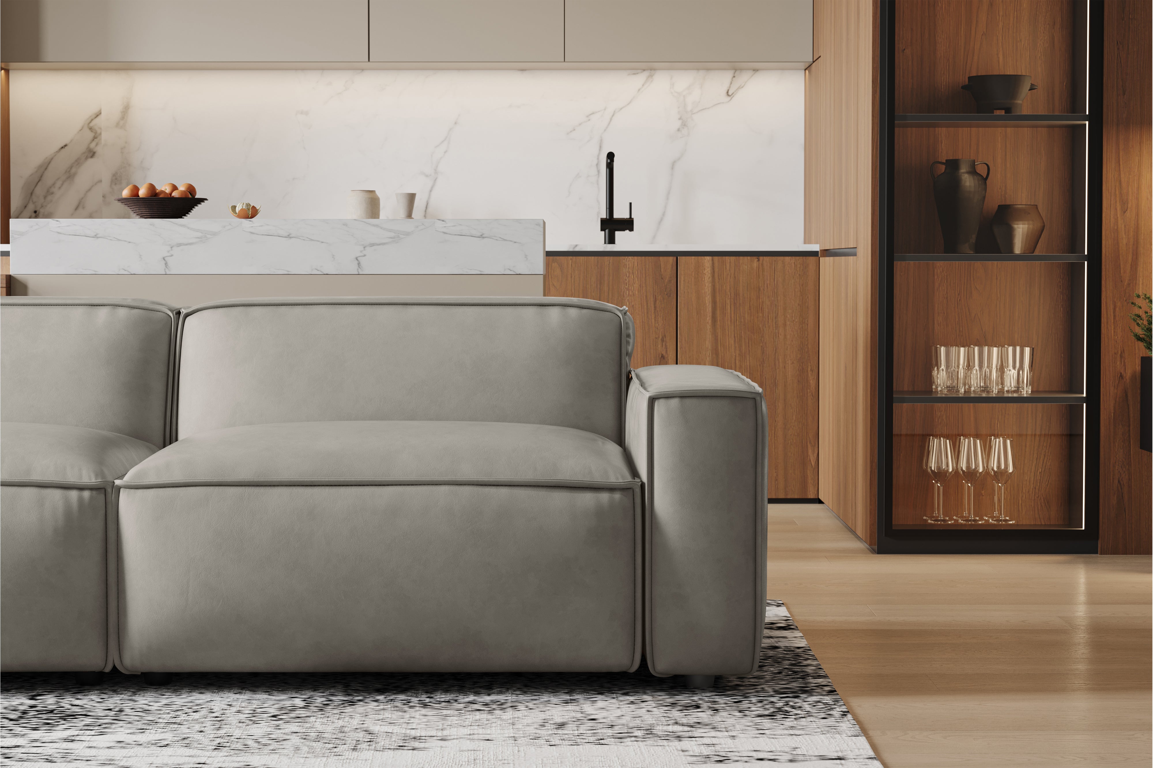 Valencia Nathan Full Aniline Leather Modular Sofa with Down Feather, Three Seats, Light Grey