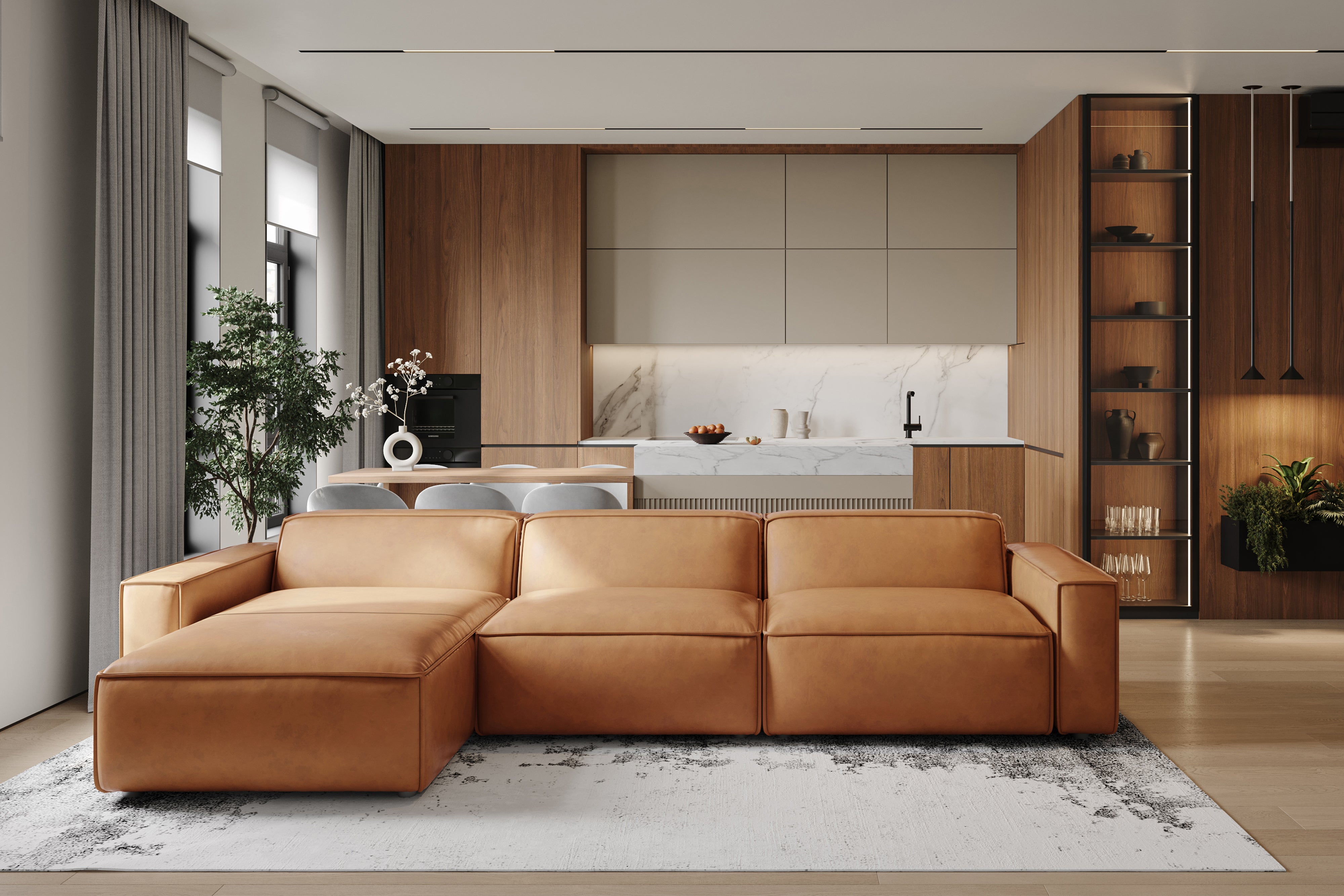 Valencia Nathan Full Aniline Leather Modular Sofa with Down Feather, Left Chaise, Caramel Brown Color