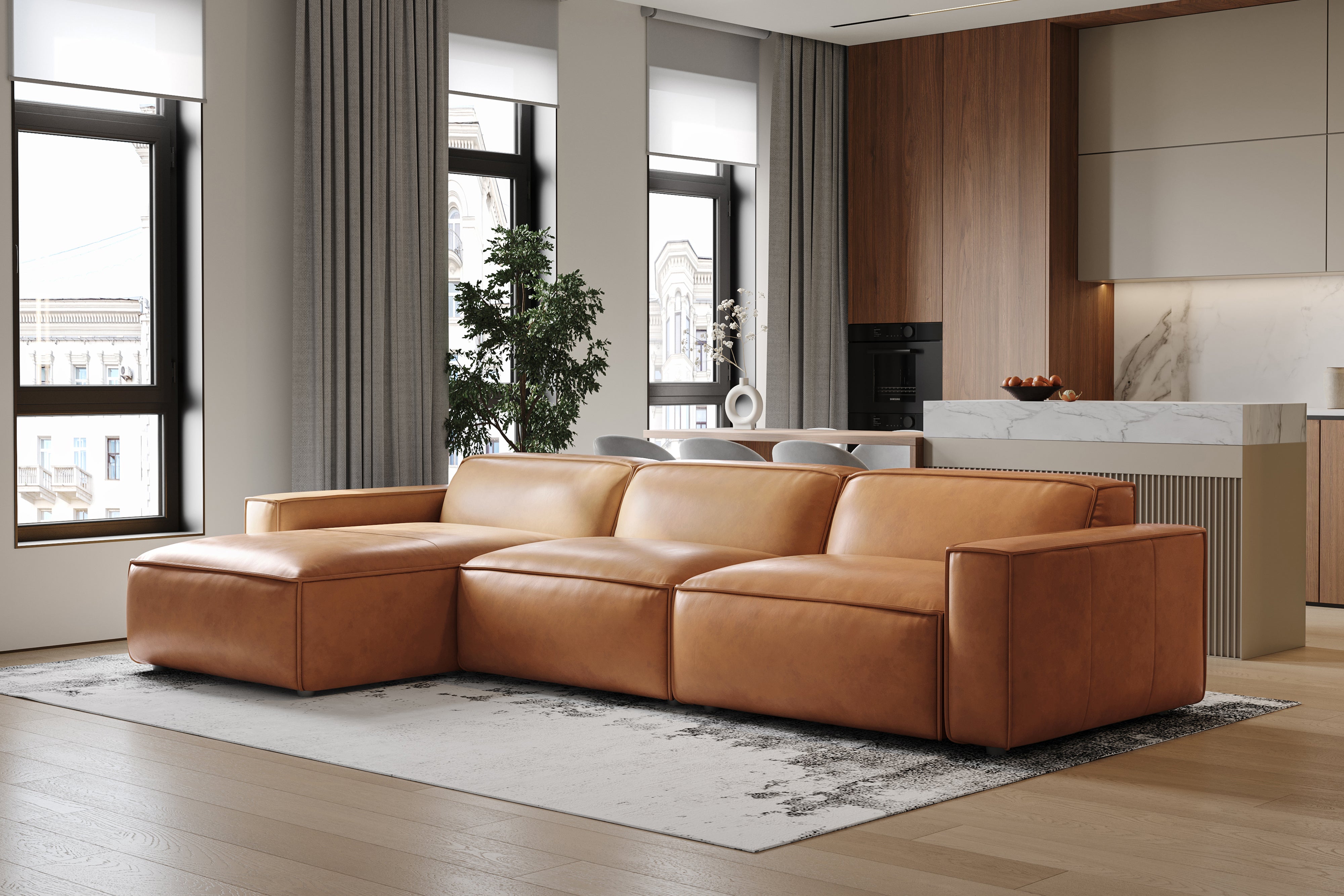 Valencia Nathan Full Aniline Leather Modular Sofa with Down Feather, Left Chaise, Caramel Brown Color