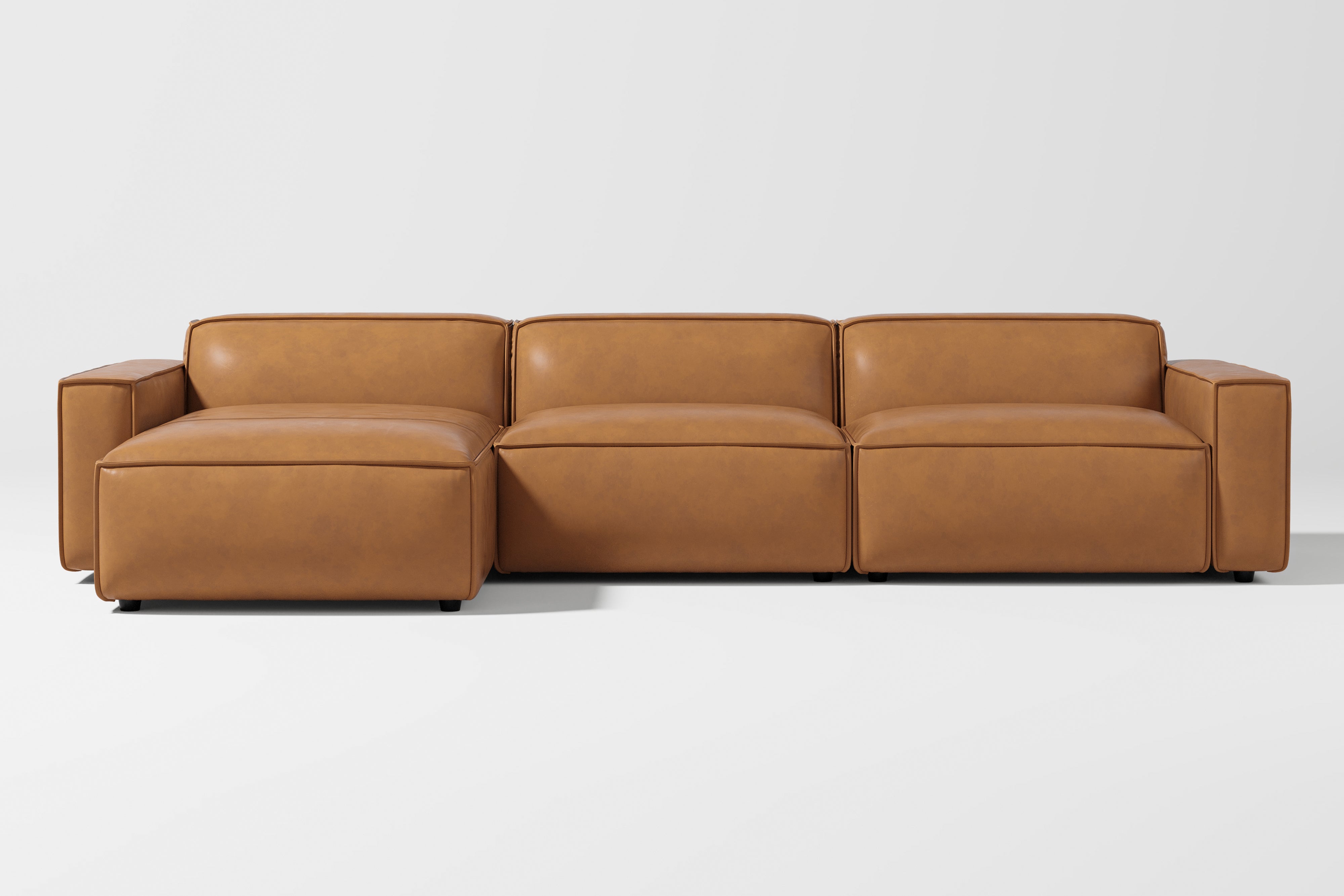 Valencia Nathan Full Aniline Leather Modular Sofa with Down Feather, Left Chaise, Caramel Brown Color