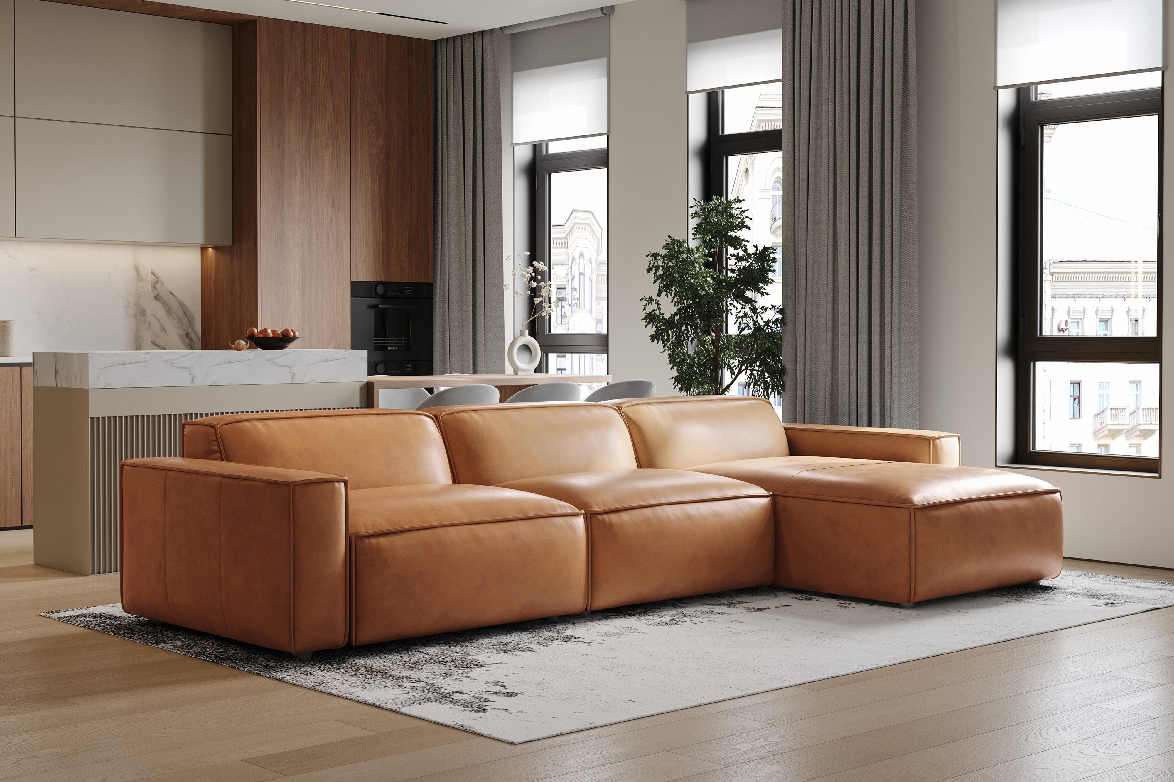 Valencia Nathan Full Aniline Leather Modular Sofa with Down Feather, Right Chaise, Caramel Brown Color